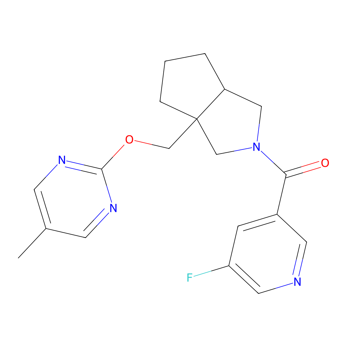 2-{[2-(5-Fluoropyridine-3-carbonyl)-octahydrocyclopenta[c]pyrrol-3a-yl]methoxy}-5-methylpyrimidine molecular structure, CAS 2640885-92-1