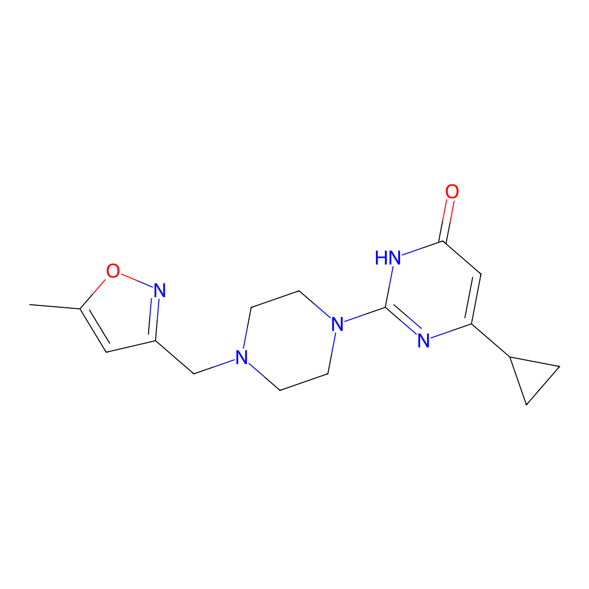 6-Cyclopropyl-2-{4-[(5-methyl-1,2-oxazol-3-yl)methyl]piperazin-1-yl}-3,4-dihydropyrimidin-4-one molecular structure, CAS 2640885-94-3
