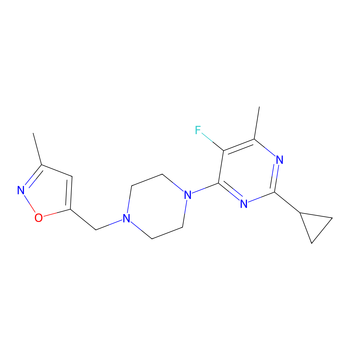 2-Cyclopropyl-5-fluoro-4-methyl-6-{4-[(3-methyl-1,2-oxazol-5-yl)methyl]piperazin-1-yl}pyrimidine molecular structure, CAS 2640885-97-6