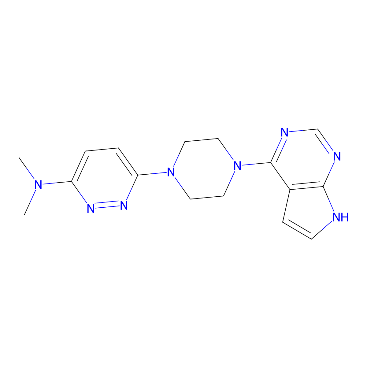 N,N-dimethyl-6-(4-{7H-pyrrolo[2,3-d]pyrimidin-4-yl}piperazin-1-yl)pyridazin-3-amine molecular structure, CAS 2640885-98-7