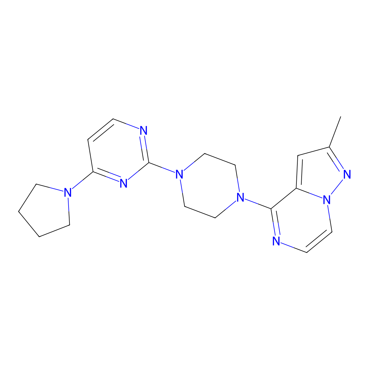 2-(4-{2-Methylpyrazolo[1,5-a]pyrazin-4-yl}piperazin-1-yl)-4-(pyrrolidin-1-yl)pyrimidine molecular structure, CAS 2640886-00-4