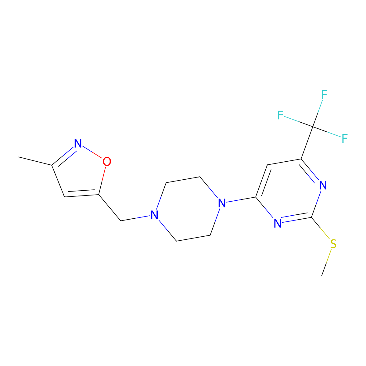 4-{4-[(3-Methyl-1,2-oxazol-5-yl)methyl]piperazin-1-yl}-2-(methylsulfanyl)-6-(trifluoromethyl)pyrimidine molecular structure, CAS 2640886-07-1