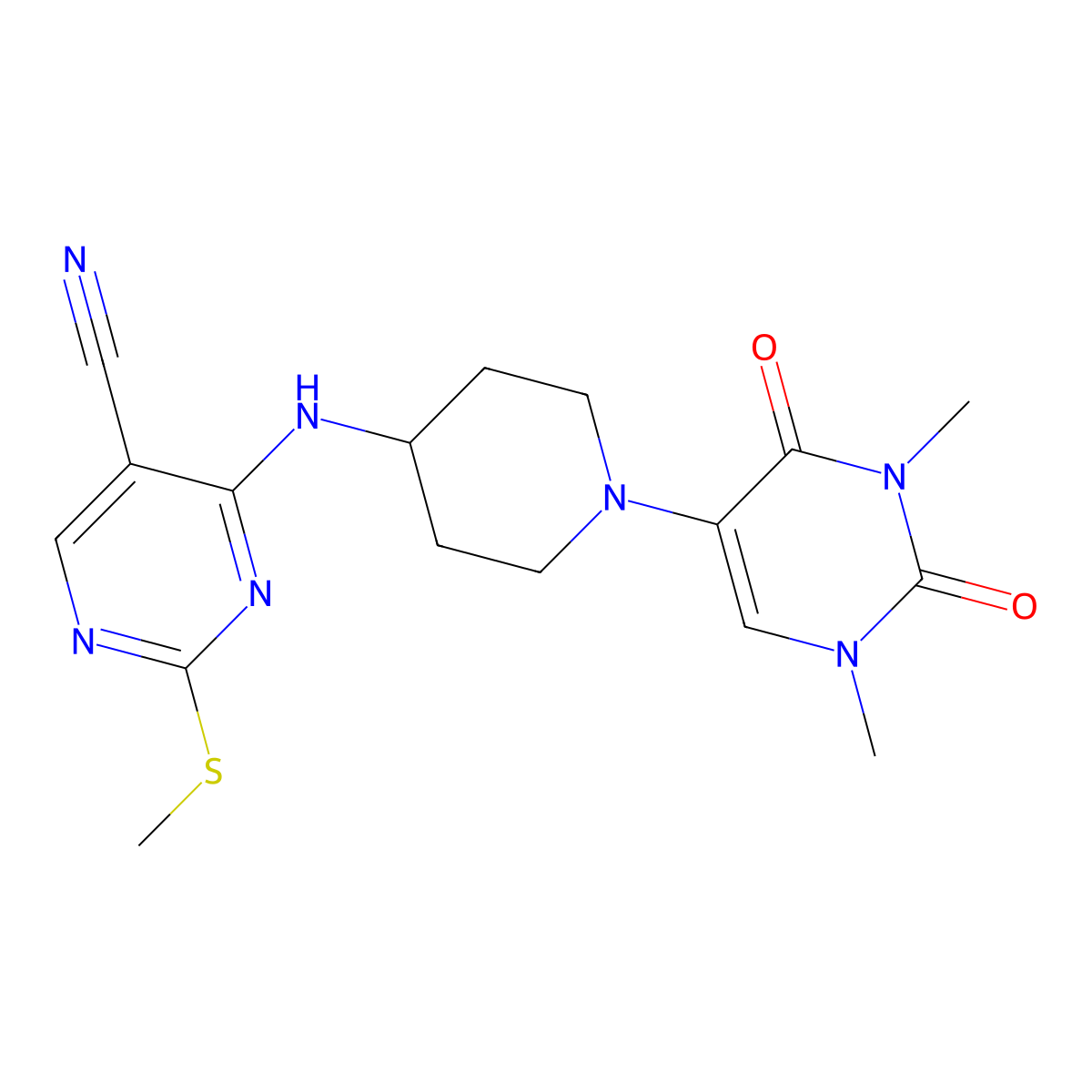 4-{[1-(1,3-Dimethyl-2,4-dioxo-1,2,3,4-tetrahydropyrimidin-5-yl)piperidin-4-yl]amino}-2-(methylsulfanyl)pyrimidine-5-carbonitrile molecular structure, CAS 2640886-08-2