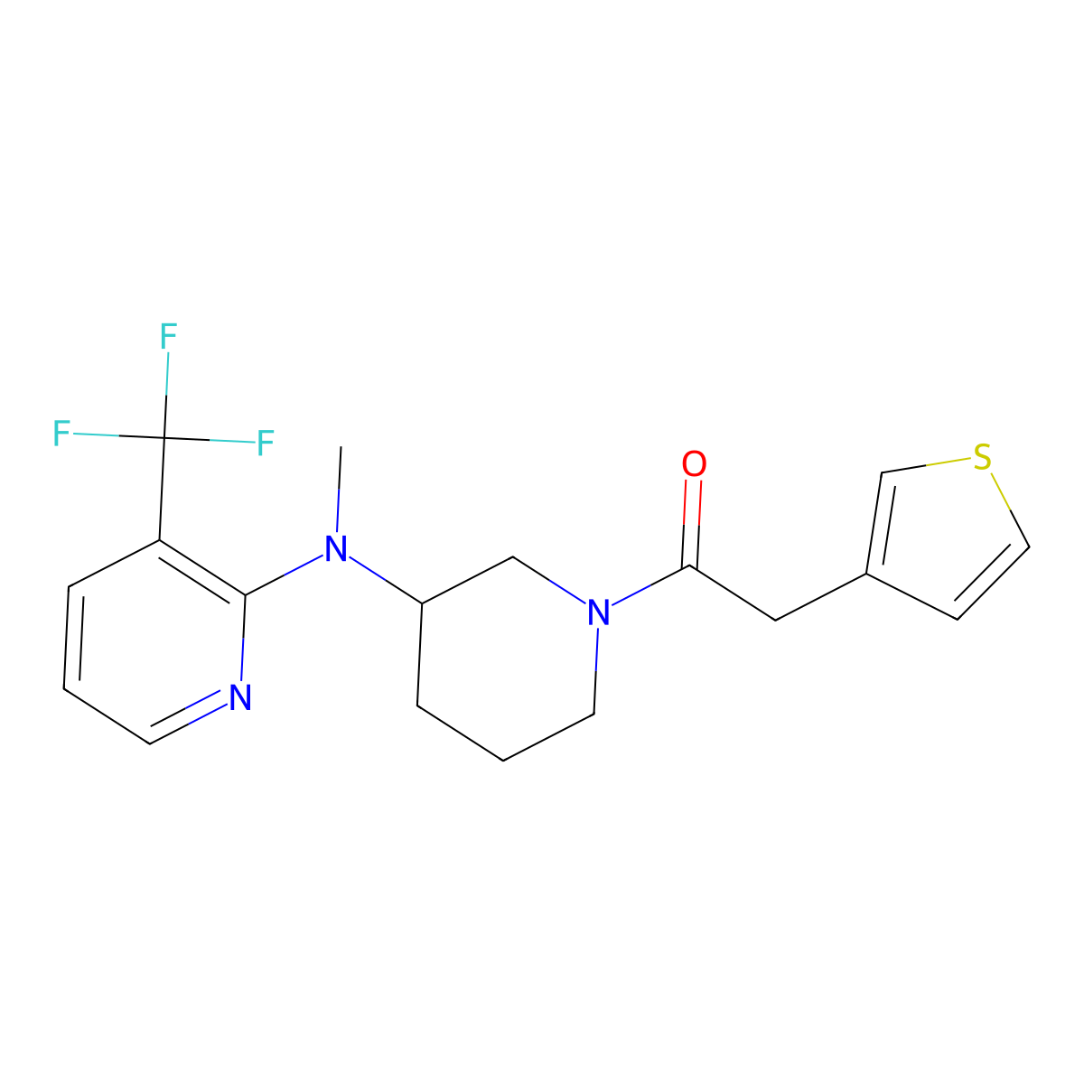 1-(3-{Methyl[3-(trifluoromethyl)pyridin-2-yl]amino}piperidin-1-yl)-2-(thiophen-3-yl)ethan-1-one molecular structure, CAS 2640886-09-3