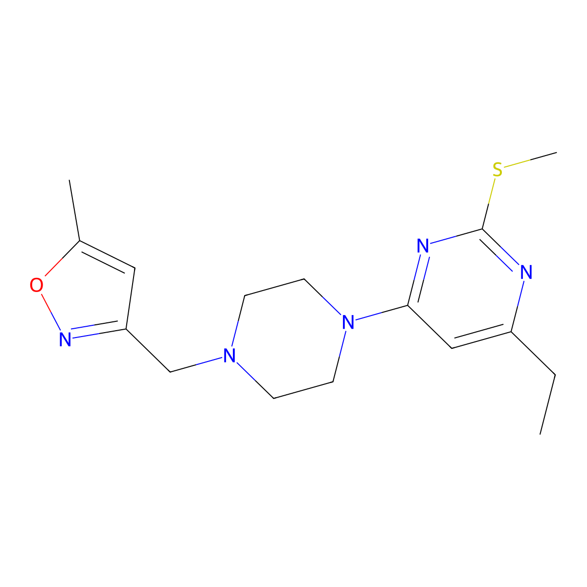 4-Ethyl-6-{4-[(5-methyl-1,2-oxazol-3-yl)methyl]piperazin-1-yl}-2-(methylsulfanyl)pyrimidine molecular structure, CAS 2640886-11-7