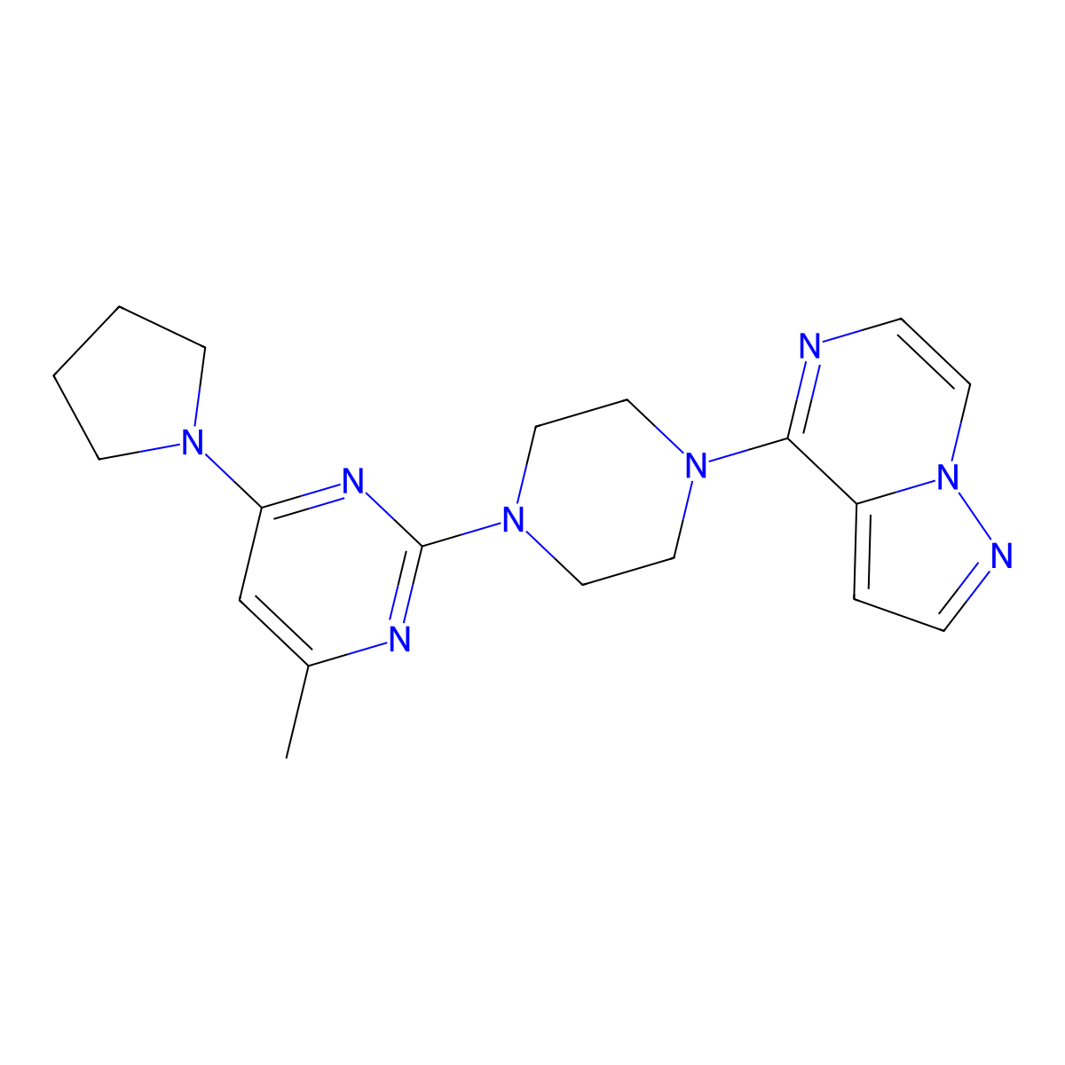 4-Methyl-2-(4-{pyrazolo[1,5-a]pyrazin-4-yl}piperazin-1-yl)-6-(pyrrolidin-1-yl)pyrimidine molecular structure, CAS 2640886-16-2
