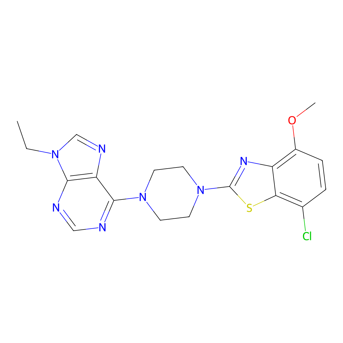 6-[4-(7-chloro-4-methoxy-1,3-benzothiazol-2-yl)piperazin-1-yl]-9-ethyl-9H-purine molecular structure, CAS 2640886-18-4
