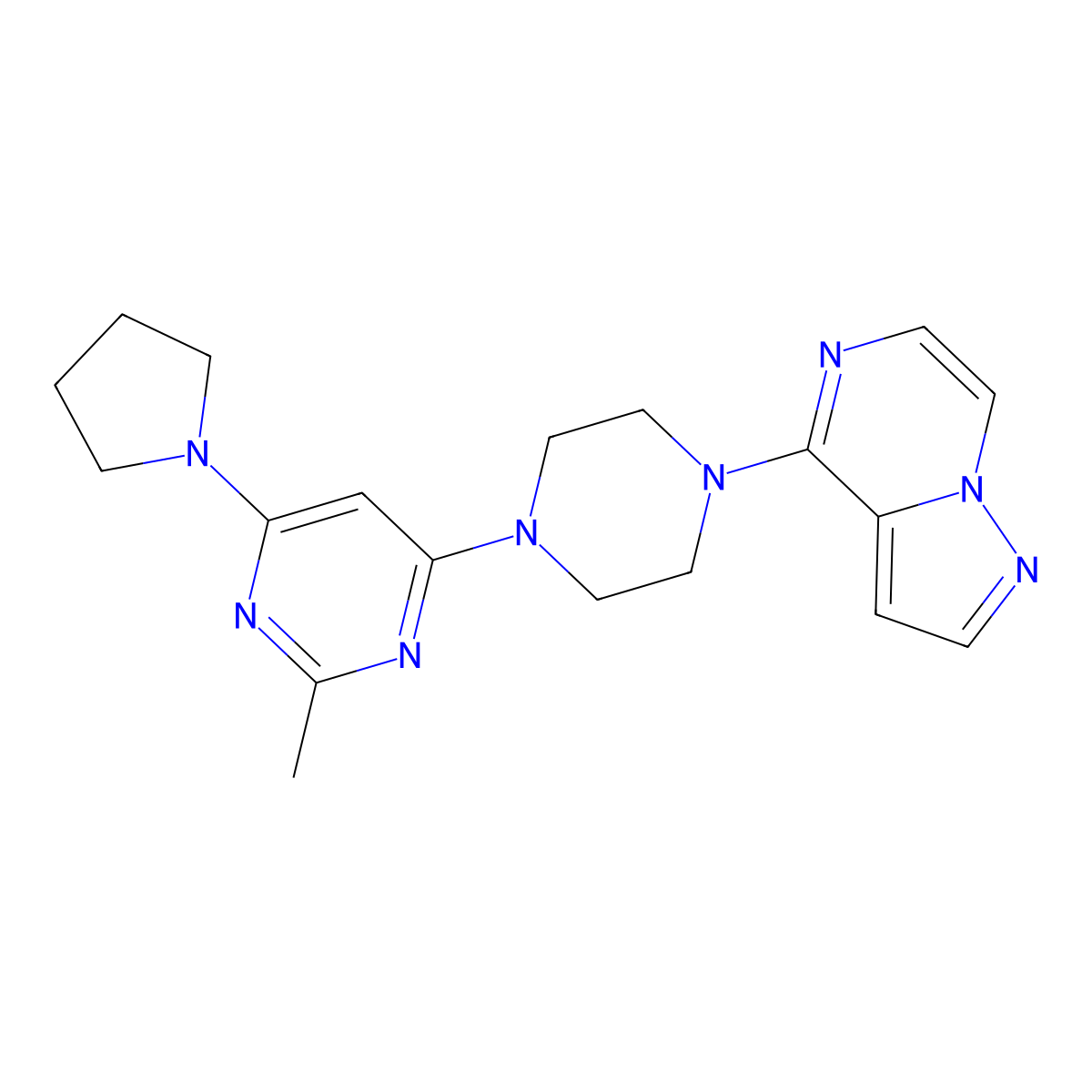 2-Methyl-4-(4-{pyrazolo[1,5-a]pyrazin-4-yl}piperazin-1-yl)-6-(pyrrolidin-1-yl)pyrimidine molecular structure, CAS 2640886-20-8