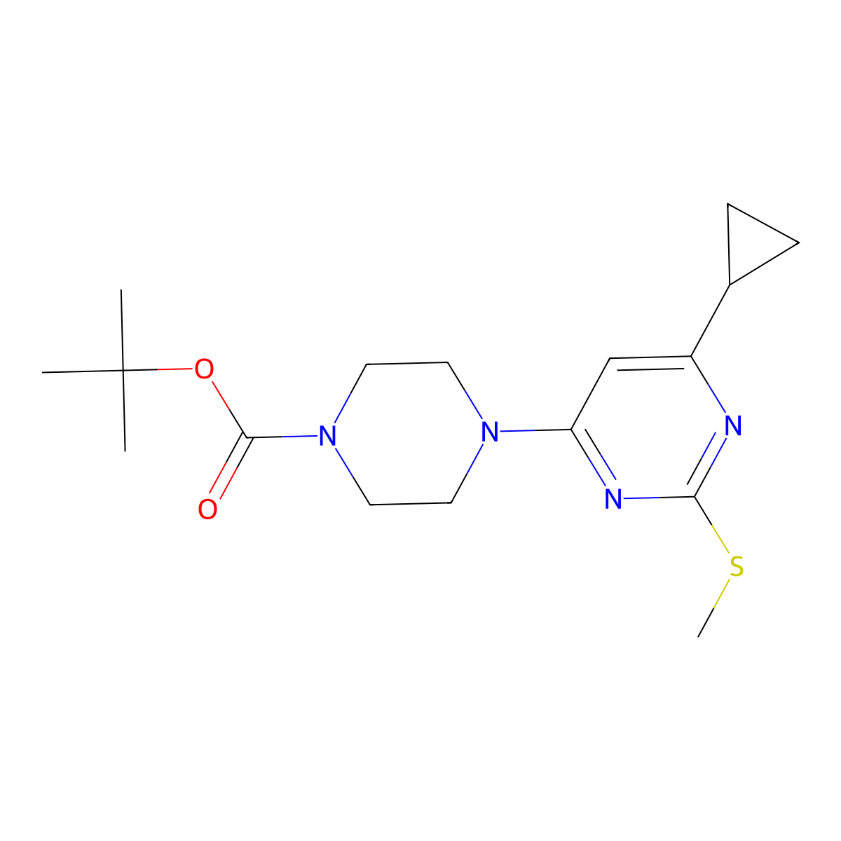 Tert-butyl 4-[6-cyclopropyl-2-(methylsulfanyl)pyrimidin-4-yl]piperazine-1-carboxylate molecular structure, CAS 2640886-21-9