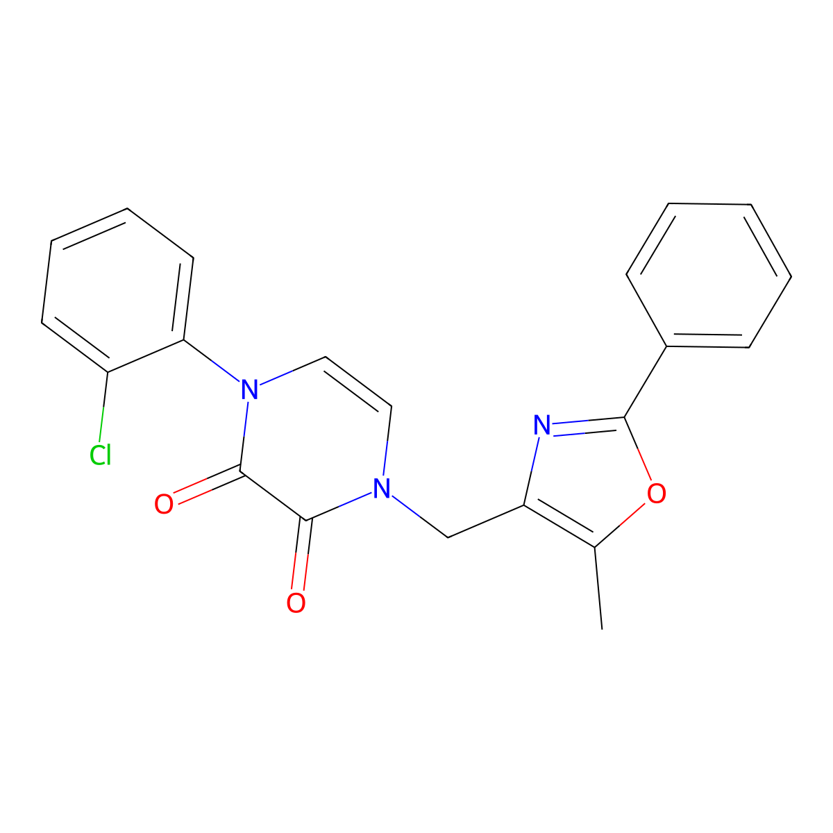 1-(2-Chlorophenyl)-4-[(5-methyl-2-phenyl-1,3-oxazol-4-yl)methyl]-1,2,3,4-tetrahydropyrazine-2,3-dione molecular structure, CAS 2640886-24-2
