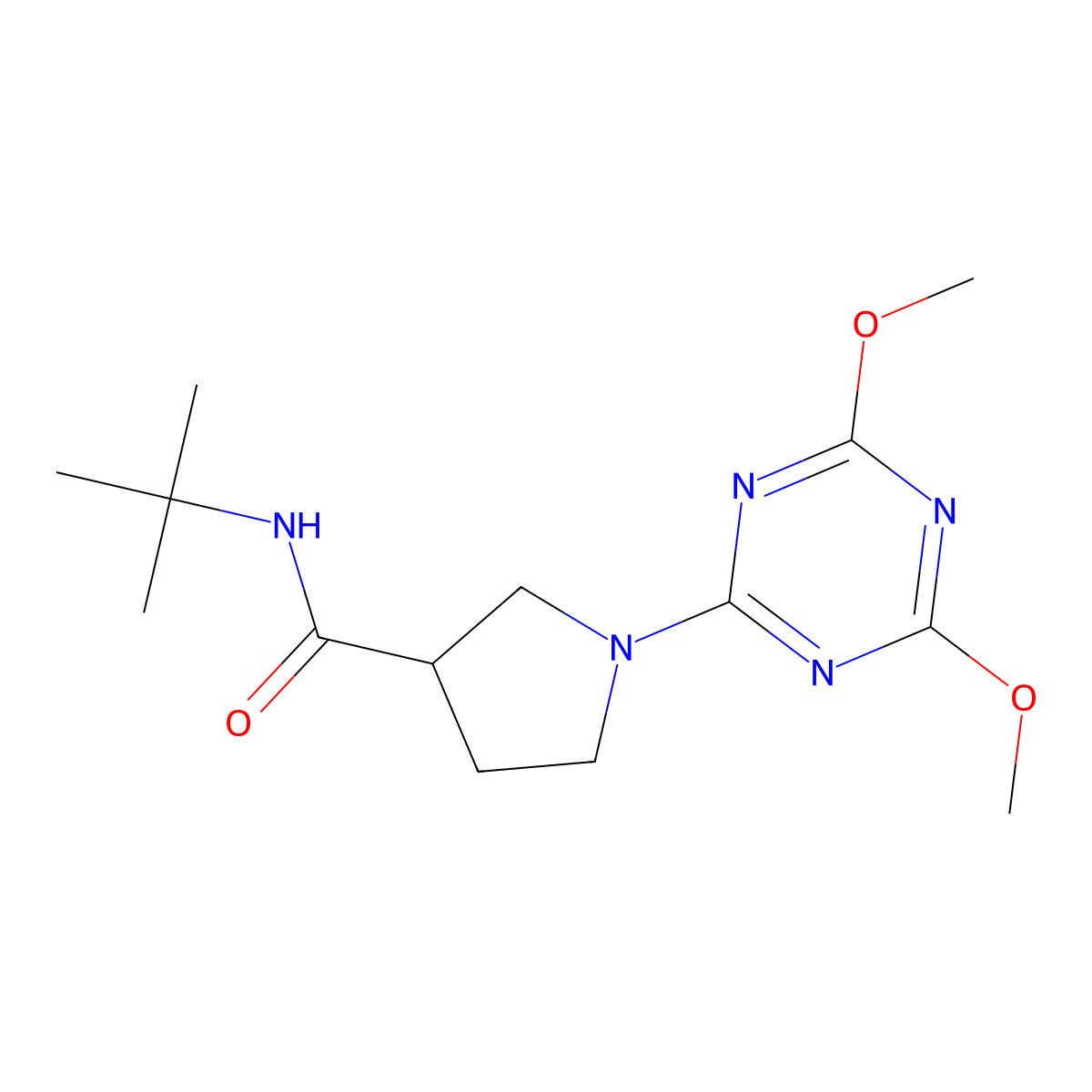 N-tert-butyl-1-(4,6-dimethoxy-1,3,5-triazin-2-yl)pyrrolidine-3-carboxamide molecular structure, CAS 2640886-30-0