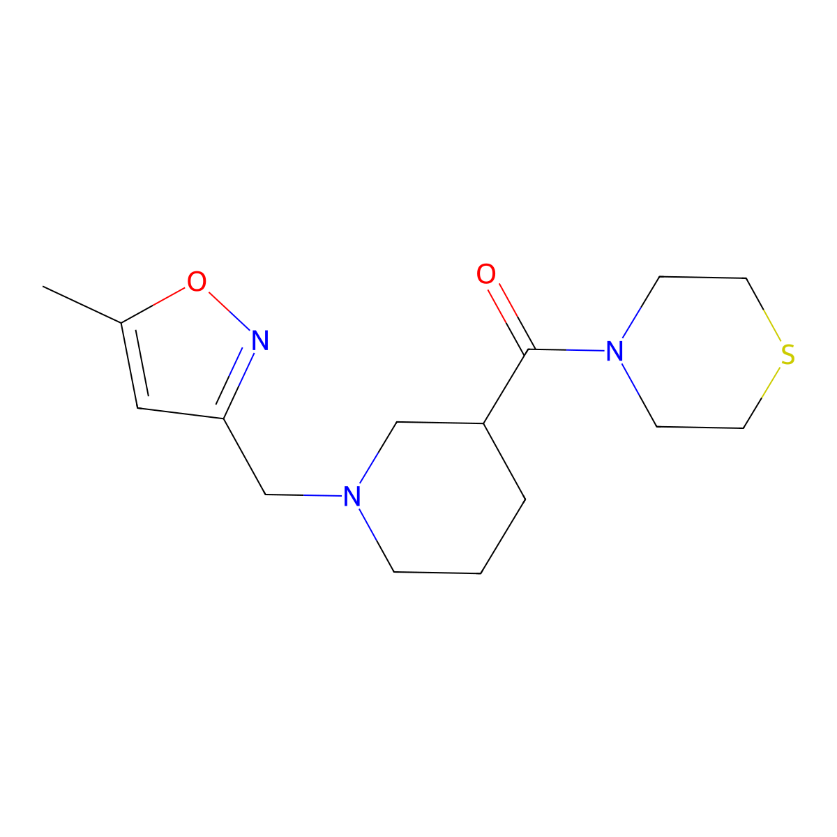 4-{1-[(5-Methyl-1,2-oxazol-3-yl)methyl]piperidine-3-carbonyl}thiomorpholine molecular structure, CAS 2640886-32-2