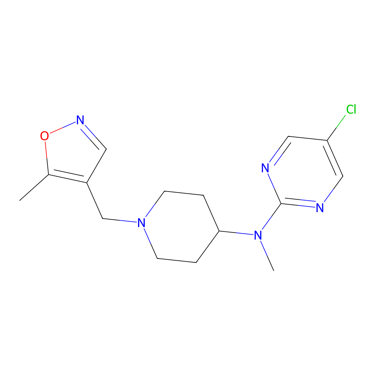 5-chloro-N-methyl-N-{1-[(5-methyl-1,2-oxazol-4-yl)methyl]piperidin-4-yl}pyrimidin-2-amine molecular structure, CAS 2640886-34-4