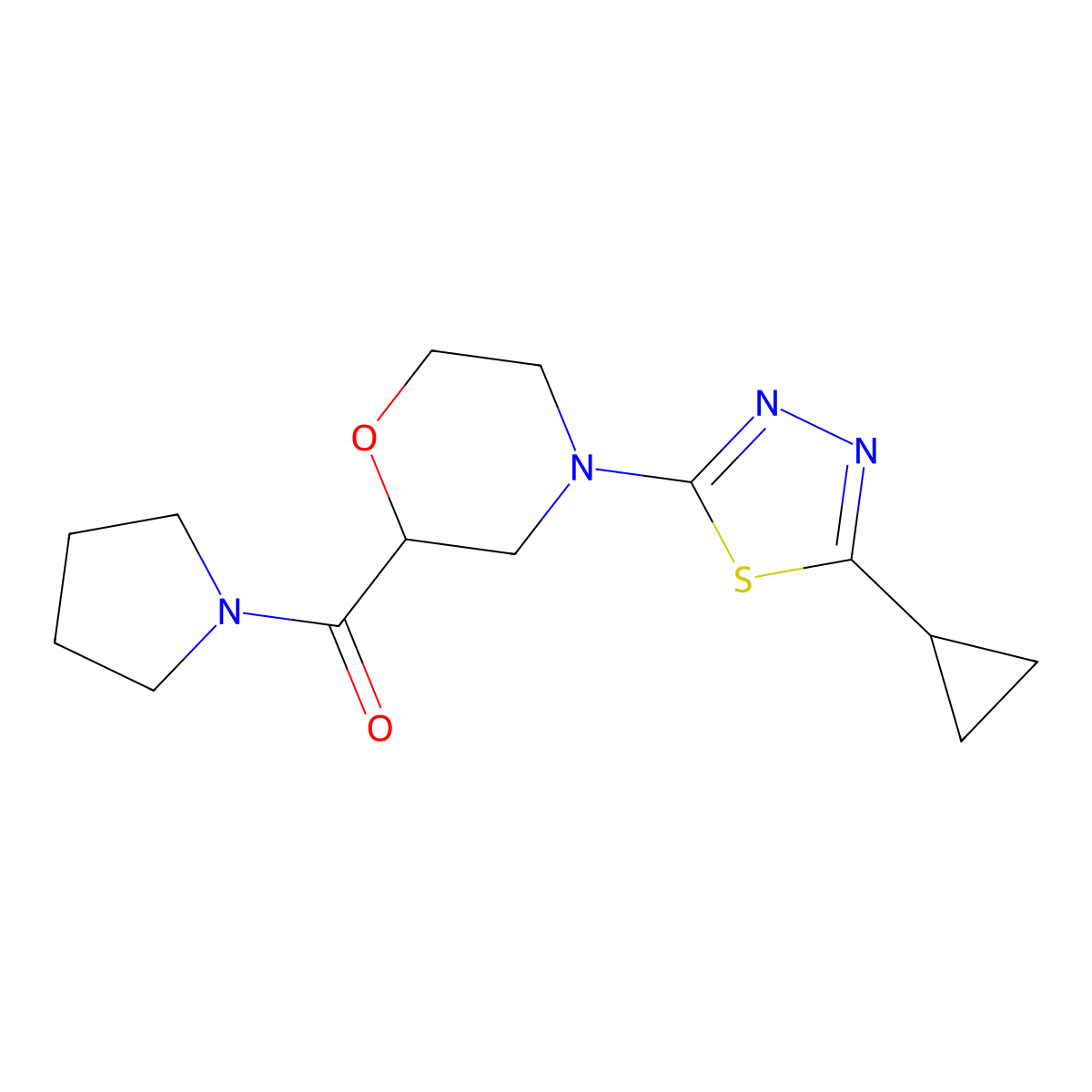 4-(5-Cyclopropyl-1,3,4-thiadiazol-2-yl)-2-(pyrrolidine-1-carbonyl)morpholine molecular structure, CAS 2640886-35-5