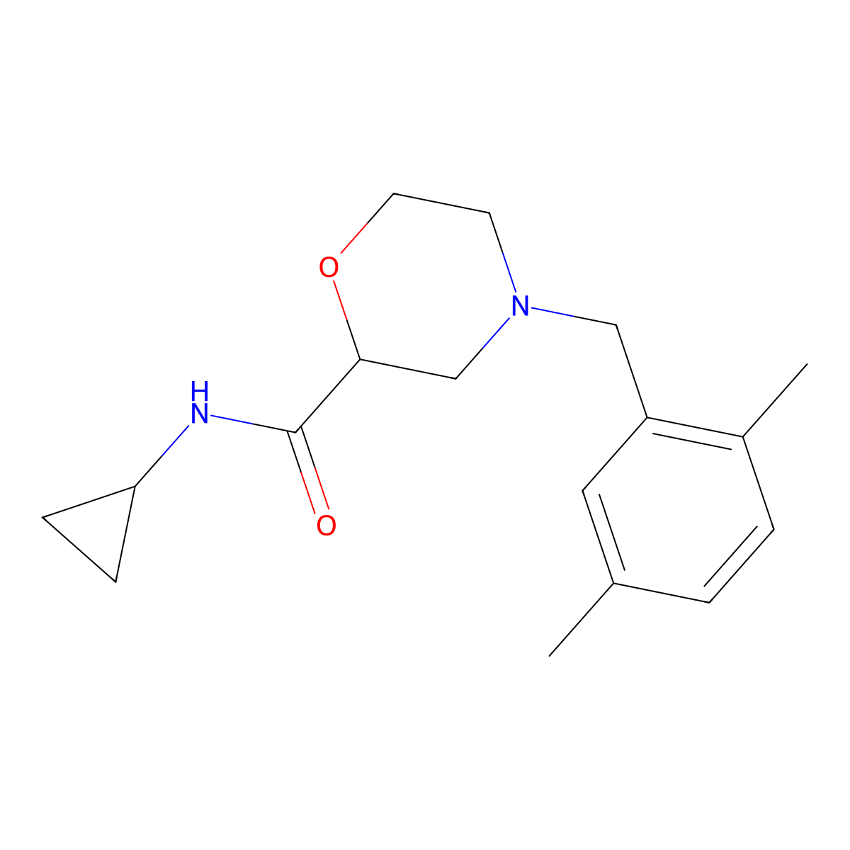 N-cyclopropyl-4-[(2,5-dimethylphenyl)methyl]morpholine-2-carboxamide molecular structure, CAS 2640886-36-6