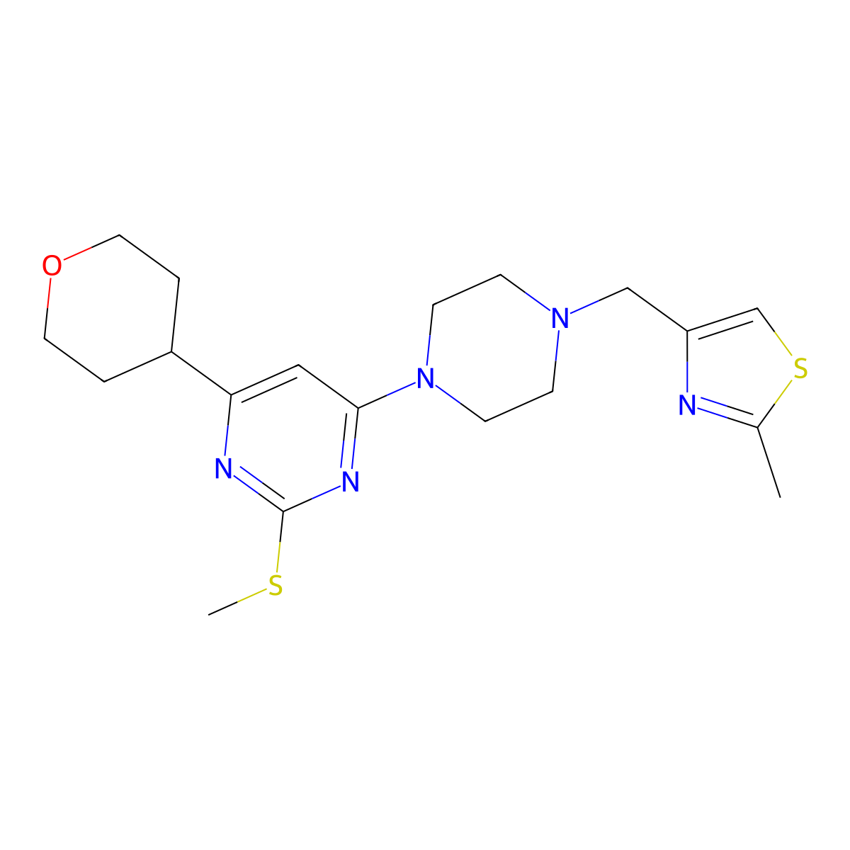4-{4-[(2-Methyl-1,3-thiazol-4-yl)methyl]piperazin-1-yl}-2-(methylsulfanyl)-6-(oxan-4-yl)pyrimidine molecular structure, CAS 2640886-37-7