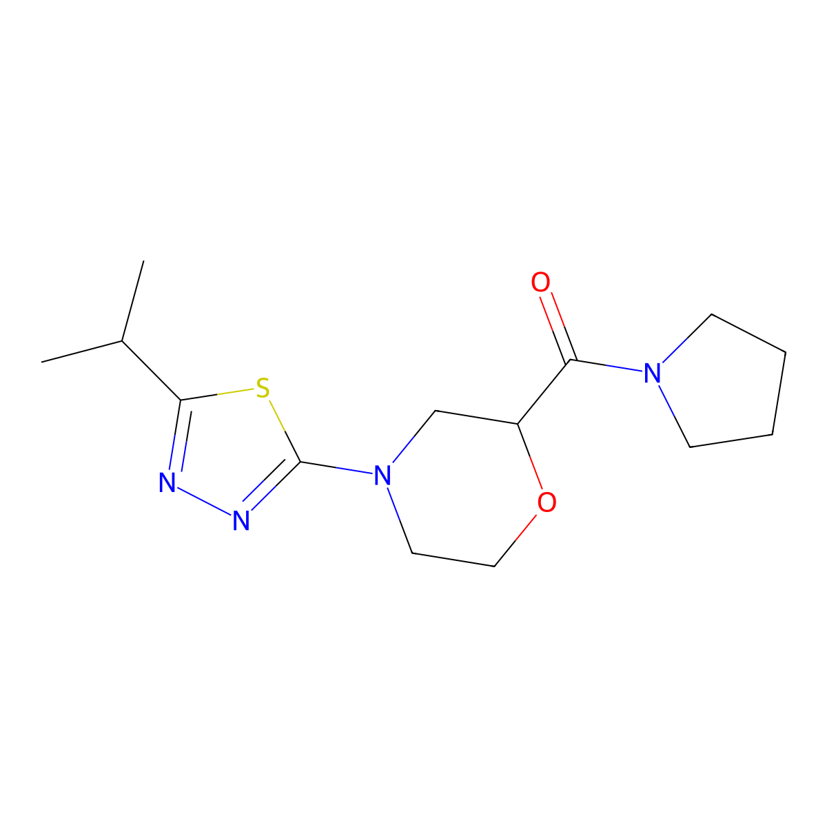 4-[5-(Propan-2-yl)-1,3,4-thiadiazol-2-yl]-2-(pyrrolidine-1-carbonyl)morpholine molecular structure, CAS 2640886-38-8