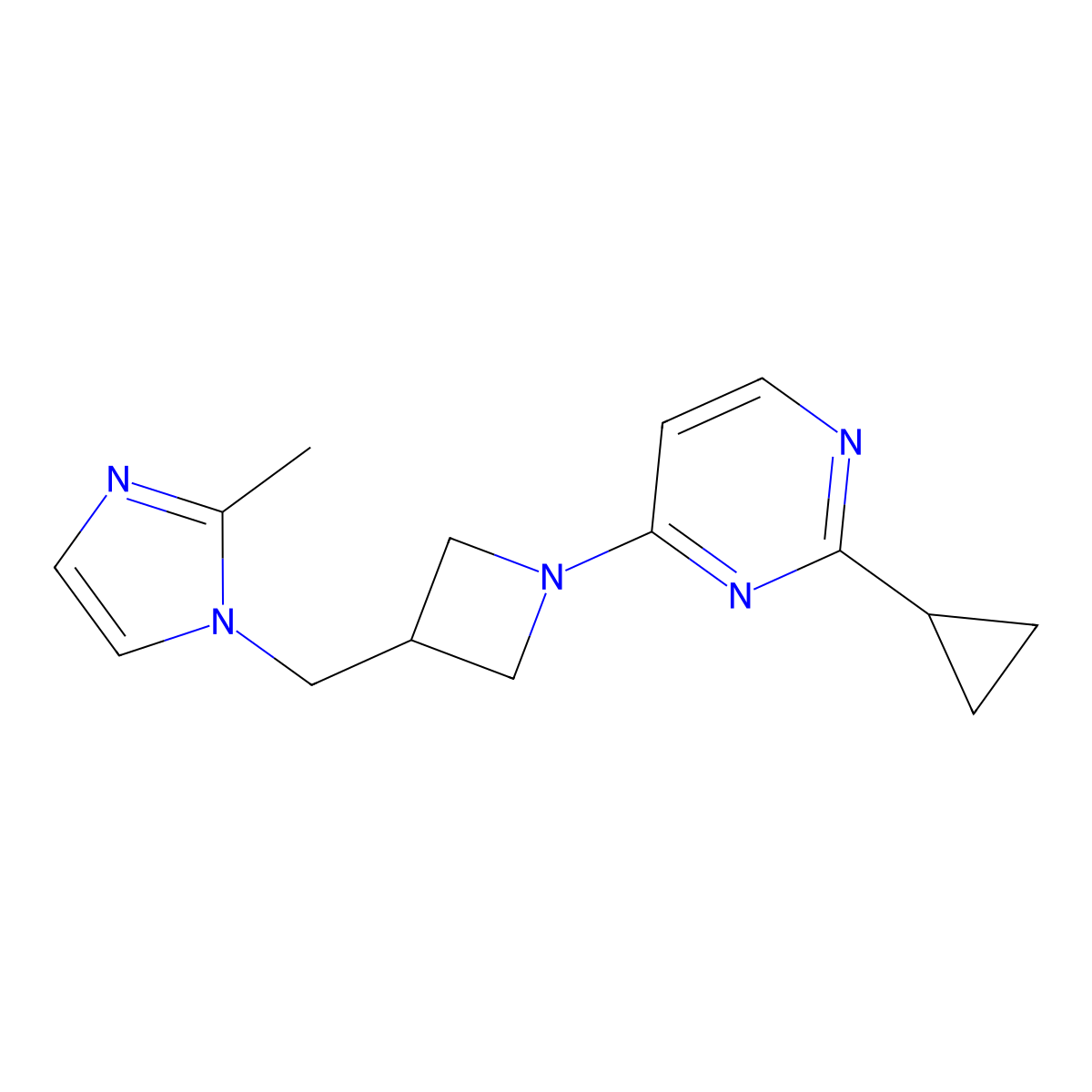 2-cyclopropyl-4-{3-[(2-methyl-1H-imidazol-1-yl)methyl]azetidin-1-yl}pyrimidine molecular structure, CAS 2640886-39-9