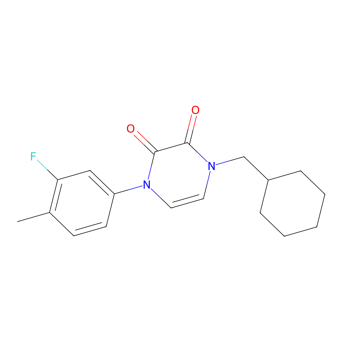 1-(Cyclohexylmethyl)-4-(3-fluoro-4-methylphenyl)-1,2,3,4-tetrahydropyrazine-2,3-dione molecular structure, CAS 2640886-42-4