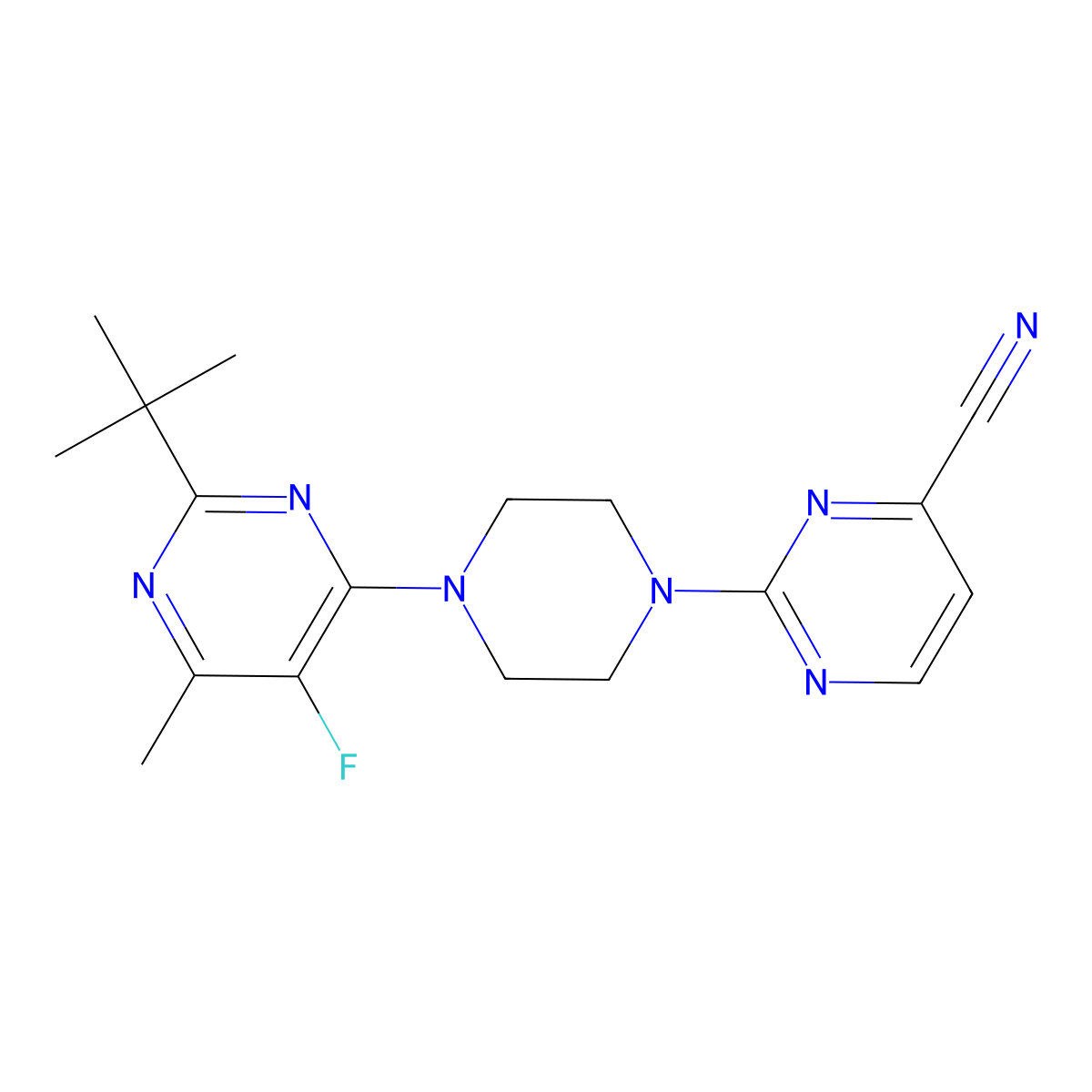 2-[4-(2-Tert-butyl-5-fluoro-6-methylpyrimidin-4-yl)piperazin-1-yl]pyrimidine-4-carbonitrile molecular structure, CAS 2640886-47-9