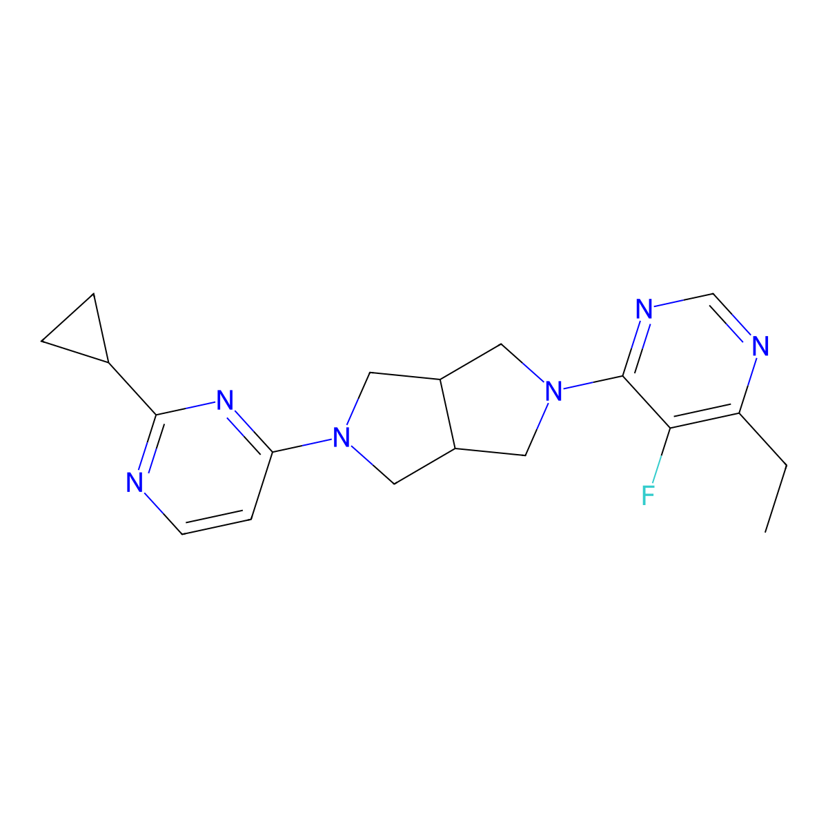 4-[5-(2-Cyclopropylpyrimidin-4-yl)-octahydropyrrolo[3,4-c]pyrrol-2-yl]-6-ethyl-5-fluoropyrimidine molecular structure, CAS 2640886-53-7
