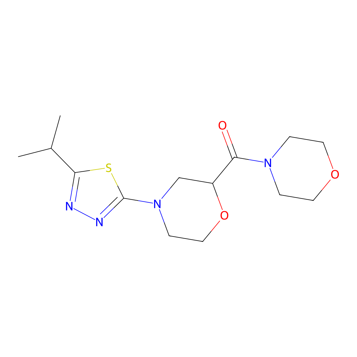 2-(Morpholine-4-carbonyl)-4-[5-(propan-2-yl)-1,3,4-thiadiazol-2-yl]morpholine molecular structure, CAS 2640886-54-8