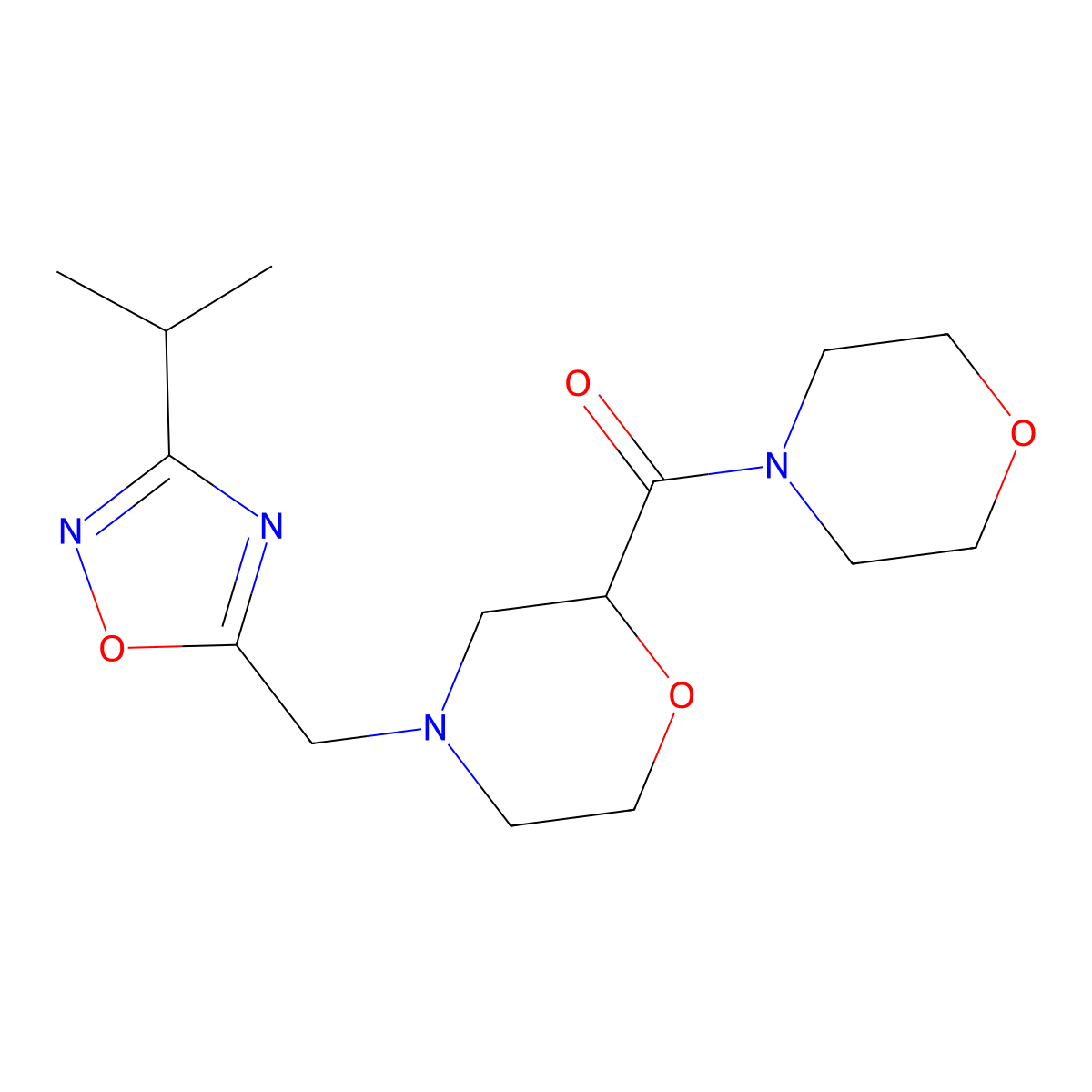 2-(Morpholine-4-carbonyl)-4-{[3-(propan-2-yl)-1,2,4-oxadiazol-5-yl]methyl}morpholine molecular structure, CAS 2640886-55-9