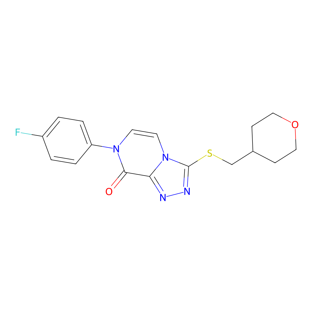 7-(4-fluorophenyl)-3-{[(oxan-4-yl)methyl]sulfanyl}-7H,8H-[1,2,4]triazolo[4,3-a]pyrazin-8-one molecular structure, CAS 2640886-59-3