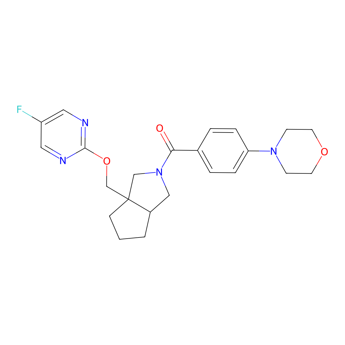 4-[4-(3a-{[(5-Fluoropyrimidin-2-yl)oxy]methyl}-octahydrocyclopenta[c]pyrrole-2-carbonyl)phenyl]morpholine molecular structure, CAS 2640886-68-4