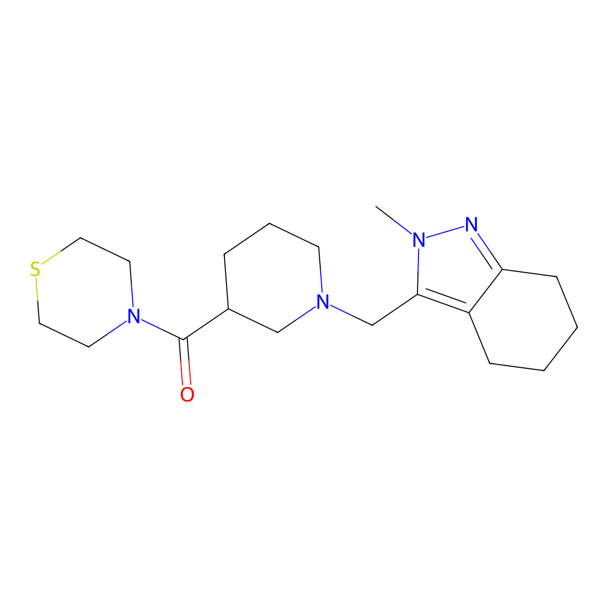 2-methyl-3-{[3-(thiomorpholine-4-carbonyl)piperidin-1-yl]methyl}-4,5,6,7-tetrahydro-2H-indazole molecular structure, CAS 2640887-93-8