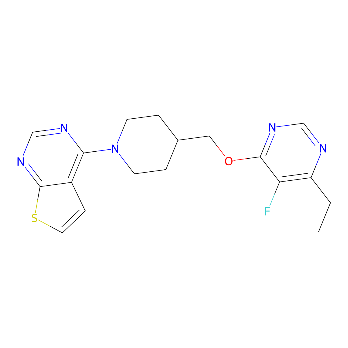 4-Ethyl-5-fluoro-6-[(1-{thieno[2,3-d]pyrimidin-4-yl}piperidin-4-yl)methoxy]pyrimidine molecular structure, CAS 2640887-94-9