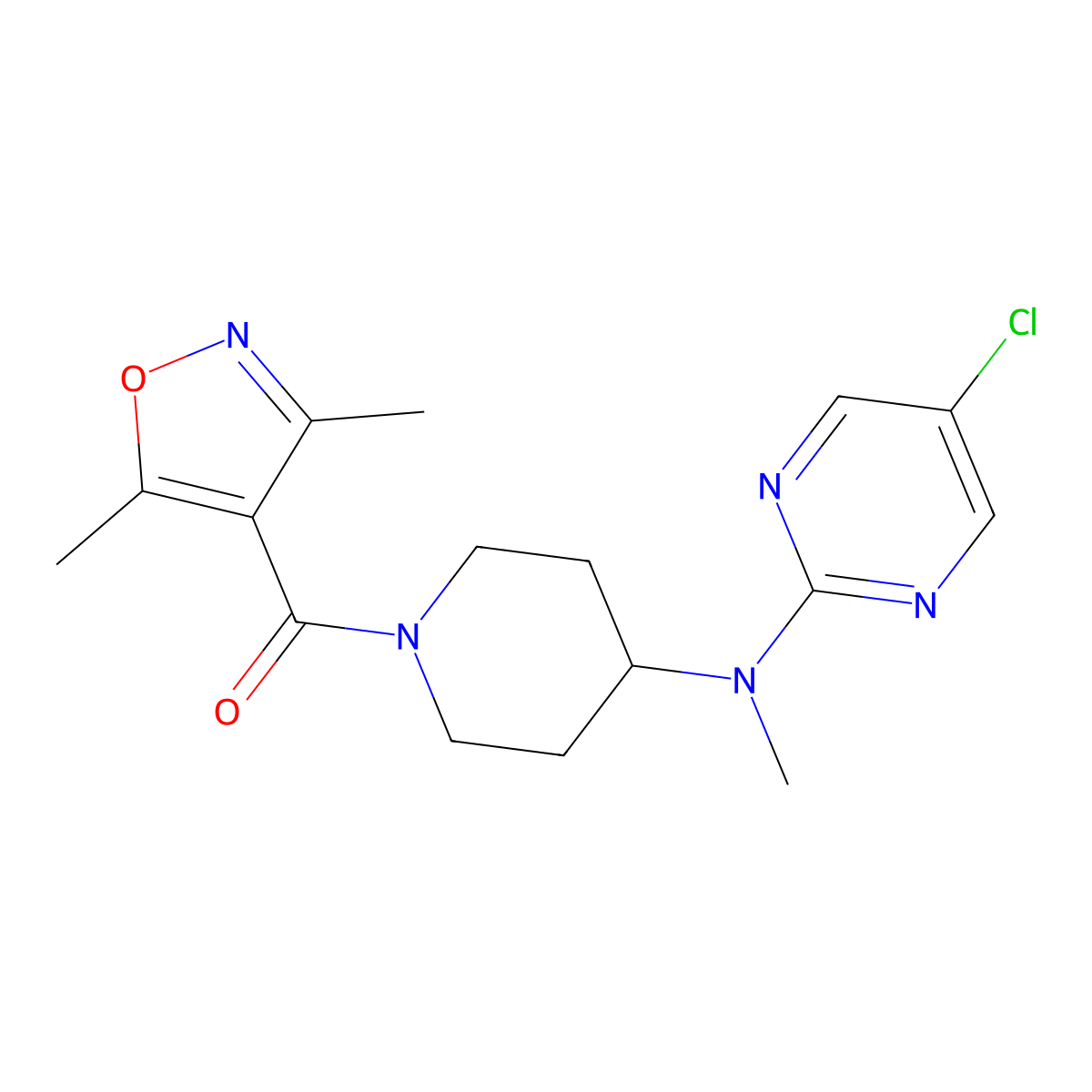 5-chloro-N-[1-(3,5-dimethyl-1,2-oxazole-4-carbonyl)piperidin-4-yl]-N-methylpyrimidin-2-amine molecular structure, CAS 2640887-99-4
