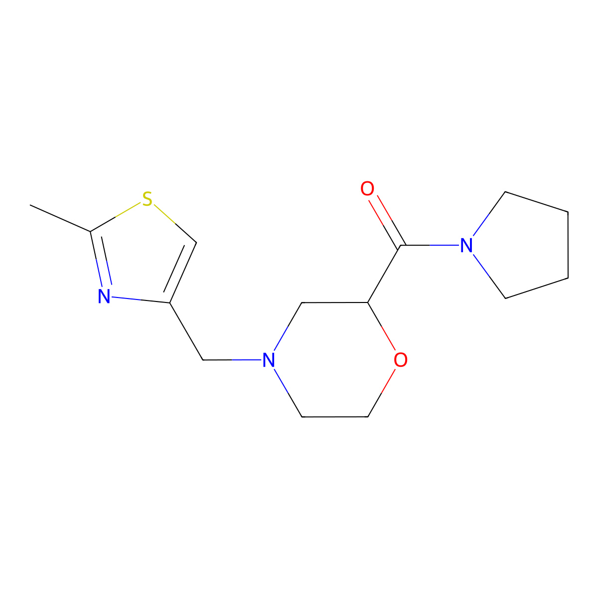 4-[(2-Methyl-1,3-thiazol-4-yl)methyl]-2-(pyrrolidine-1-carbonyl)morpholine molecular structure, CAS 2640888-01-1