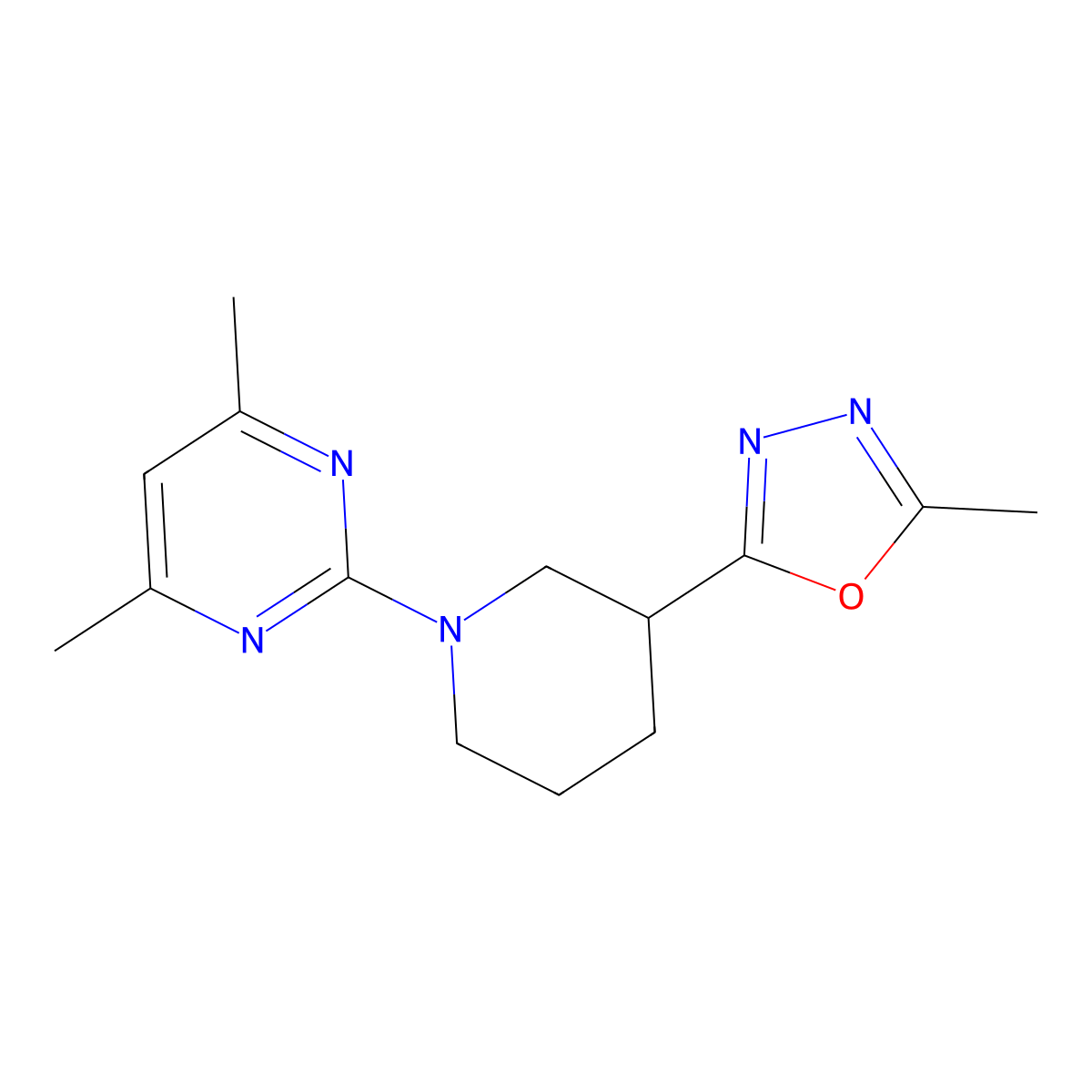 4,6-Dimethyl-2-[3-(5-methyl-1,3,4-oxadiazol-2-yl)piperidin-1-yl]pyrimidine molecular structure, CAS 2640888-05-5