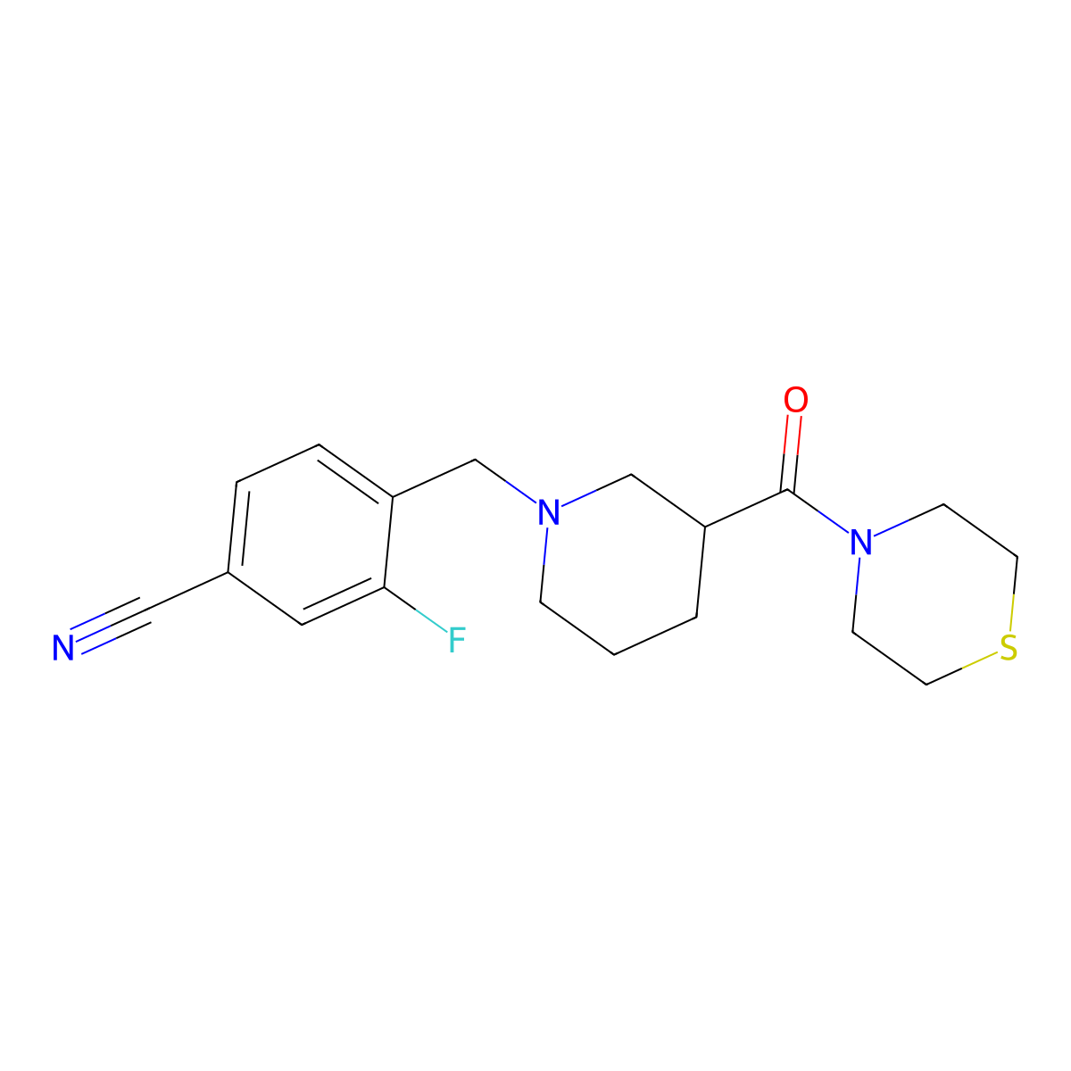 3-Fluoro-4-{[3-(thiomorpholine-4-carbonyl)piperidin-1-yl]methyl}benzonitrile molecular structure, CAS 2640888-06-6