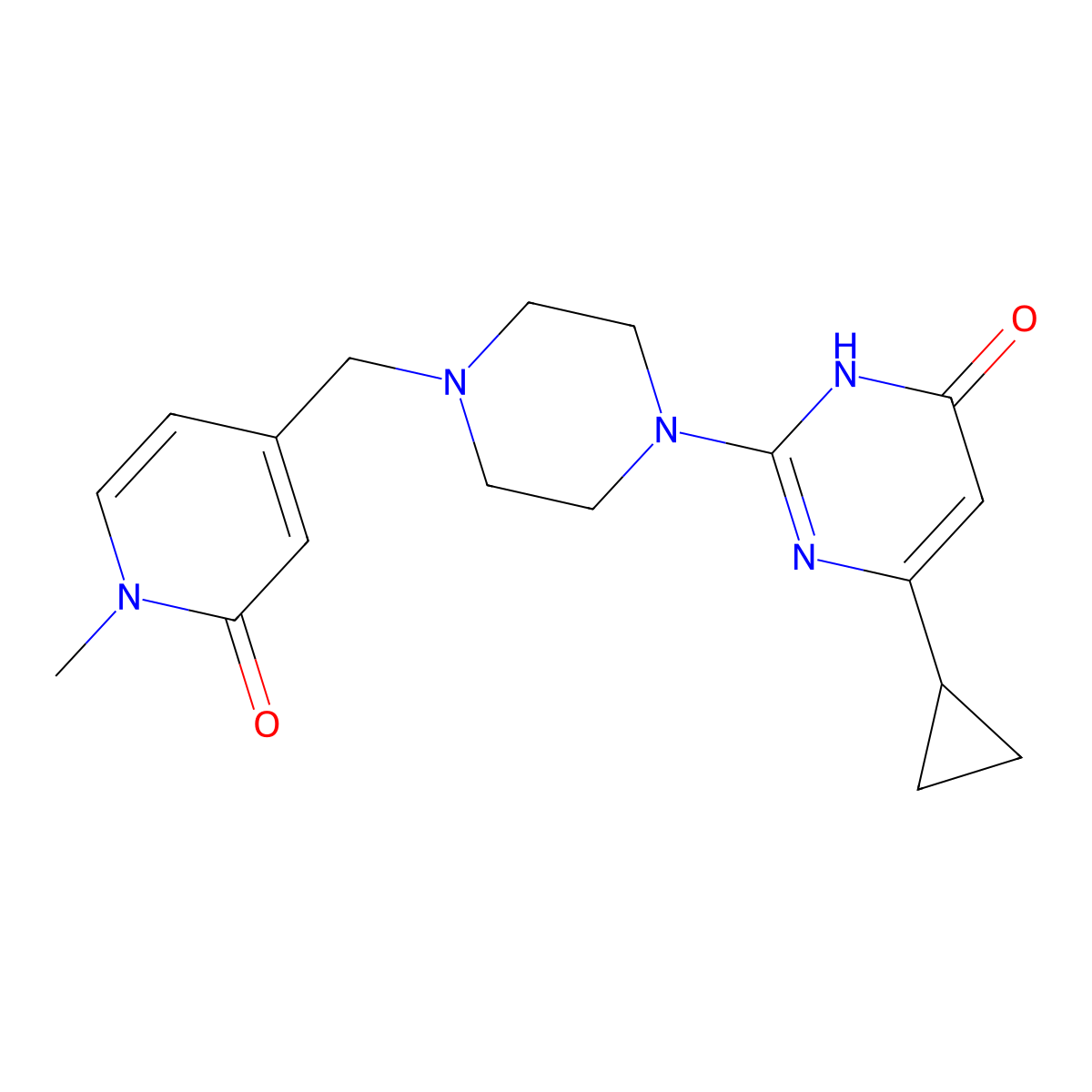 6-Cyclopropyl-2-{4-[(1-methyl-2-oxo-1,2-dihydropyridin-4-yl)methyl]piperazin-1-yl}-3,4-dihydropyrimidin-4-one molecular structure, CAS 2640888-08-8