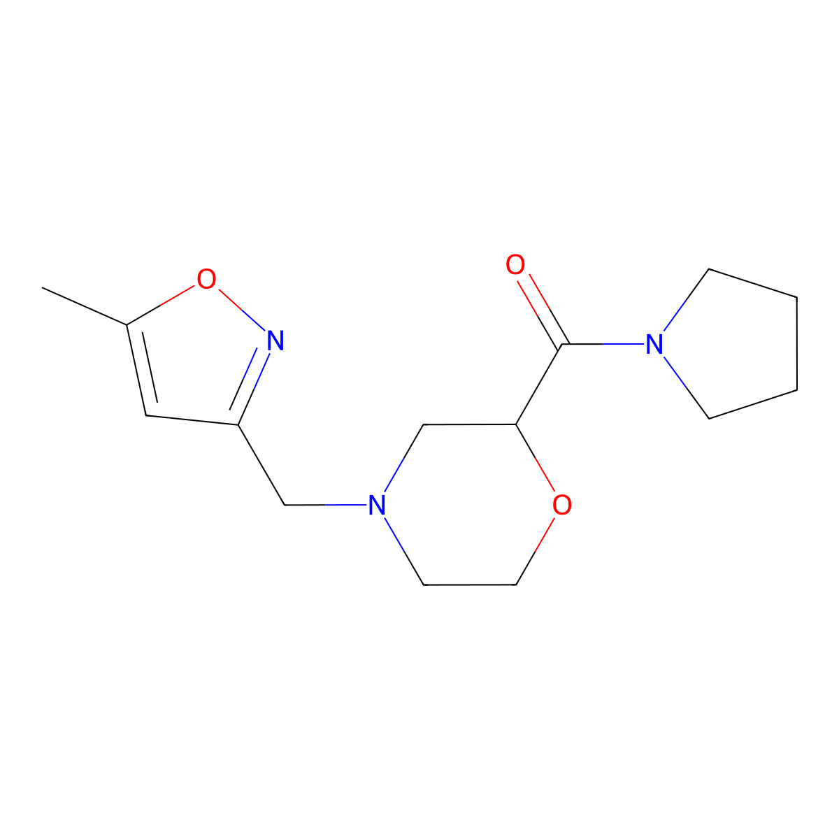 4-[(5-Methyl-1,2-oxazol-3-yl)methyl]-2-(pyrrolidine-1-carbonyl)morpholine molecular structure, CAS 2640888-12-4