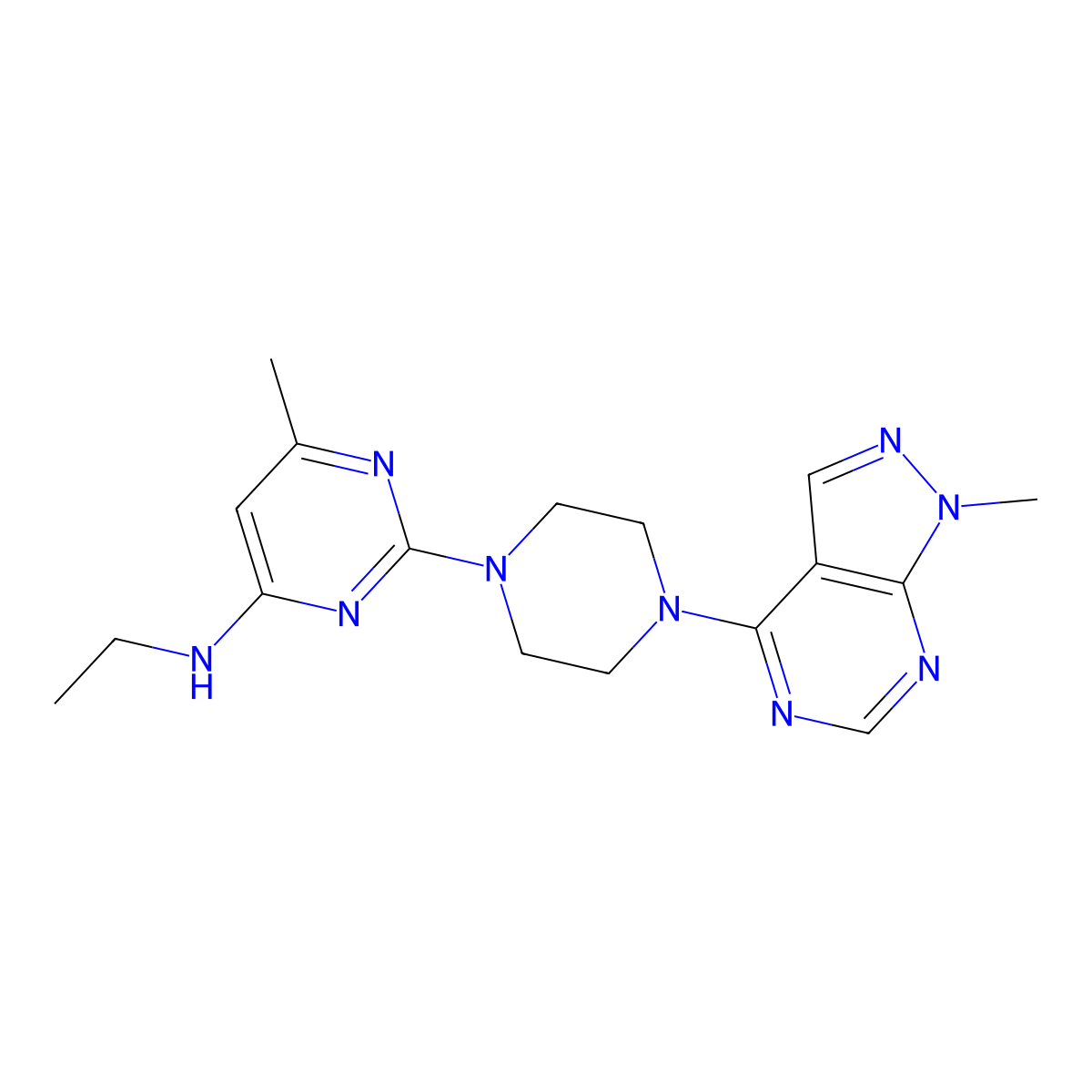 N-ethyl-6-methyl-2-(4-{1-methyl-1H-pyrazolo[3,4-d]pyrimidin-4-yl}piperazin-1-yl)pyrimidin-4-amine molecular structure, CAS 2640888-13-5