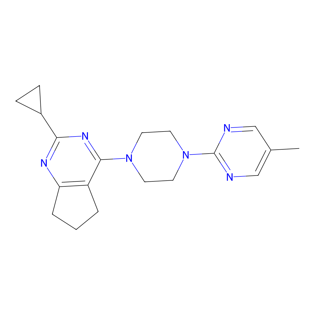 2-(4-{2-cyclopropyl-5H,6H,7H-cyclopenta[d]pyrimidin-4-yl}piperazin-1-yl)-5-methylpyrimidine molecular structure, CAS 2640888-14-6