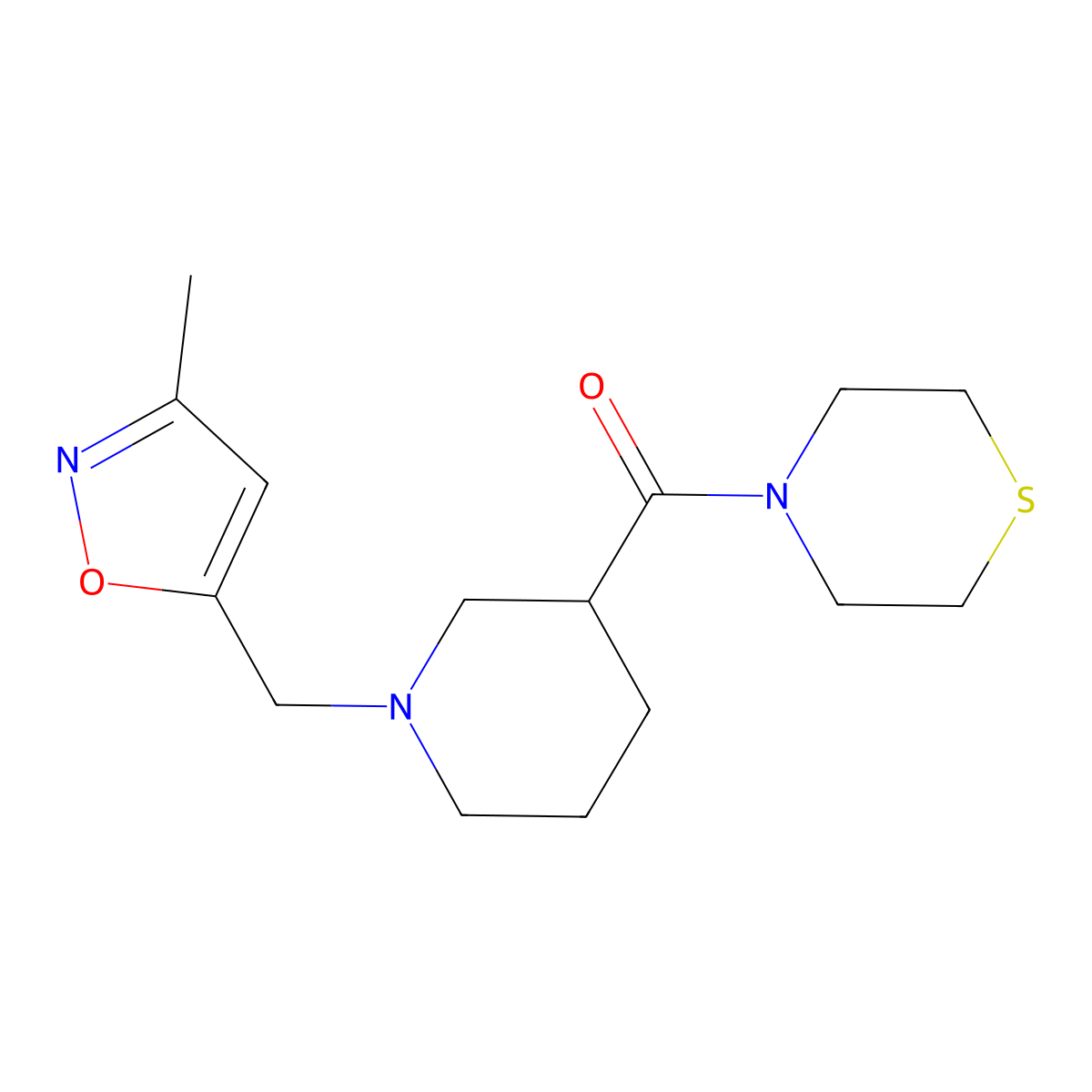 4-{1-[(3-Methyl-1,2-oxazol-5-yl)methyl]piperidine-3-carbonyl}thiomorpholine molecular structure, CAS 2640888-19-1
