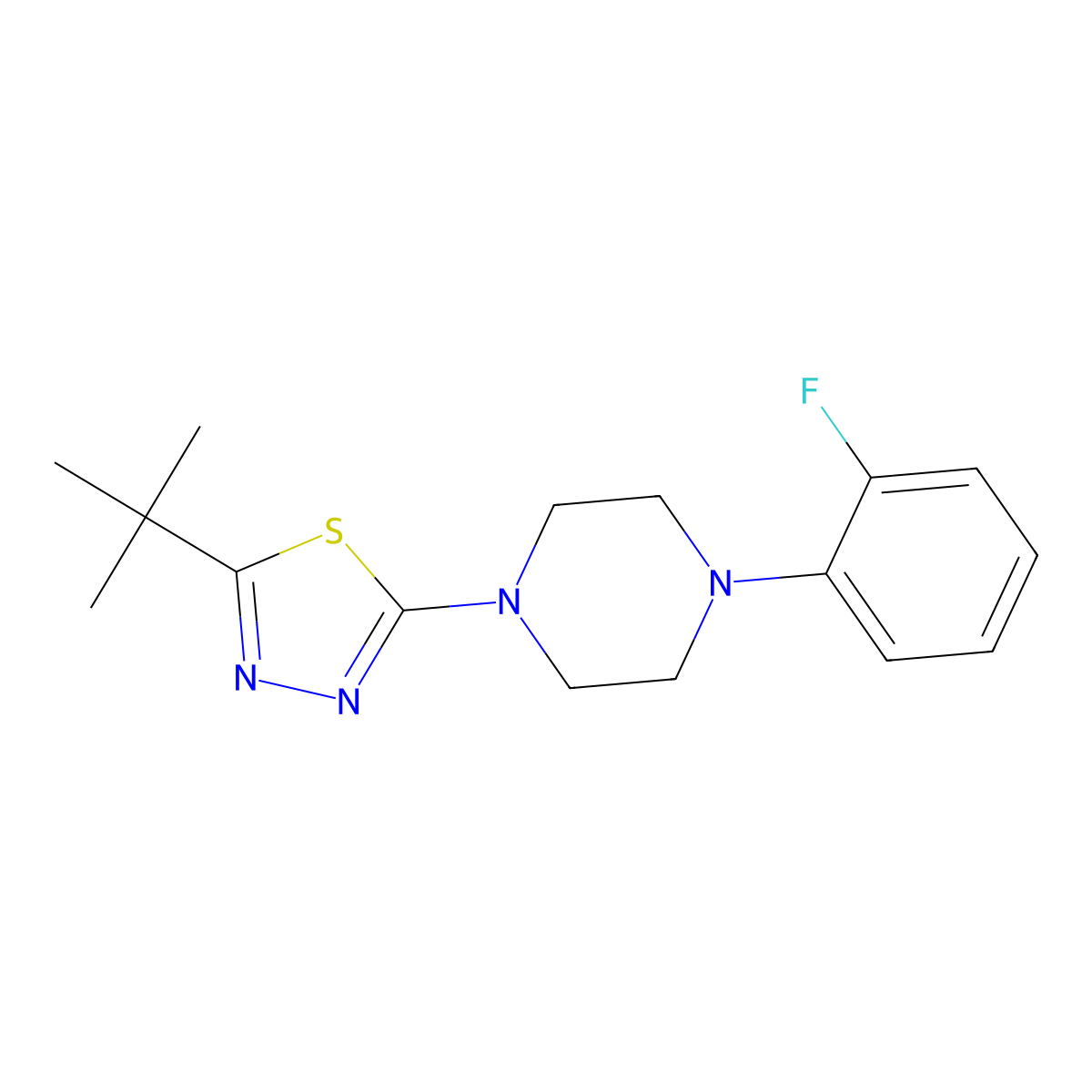 1-(5-Tert-butyl-1,3,4-thiadiazol-2-yl)-4-(2-fluorophenyl)piperazine molecular structure, CAS 2640888-24-8