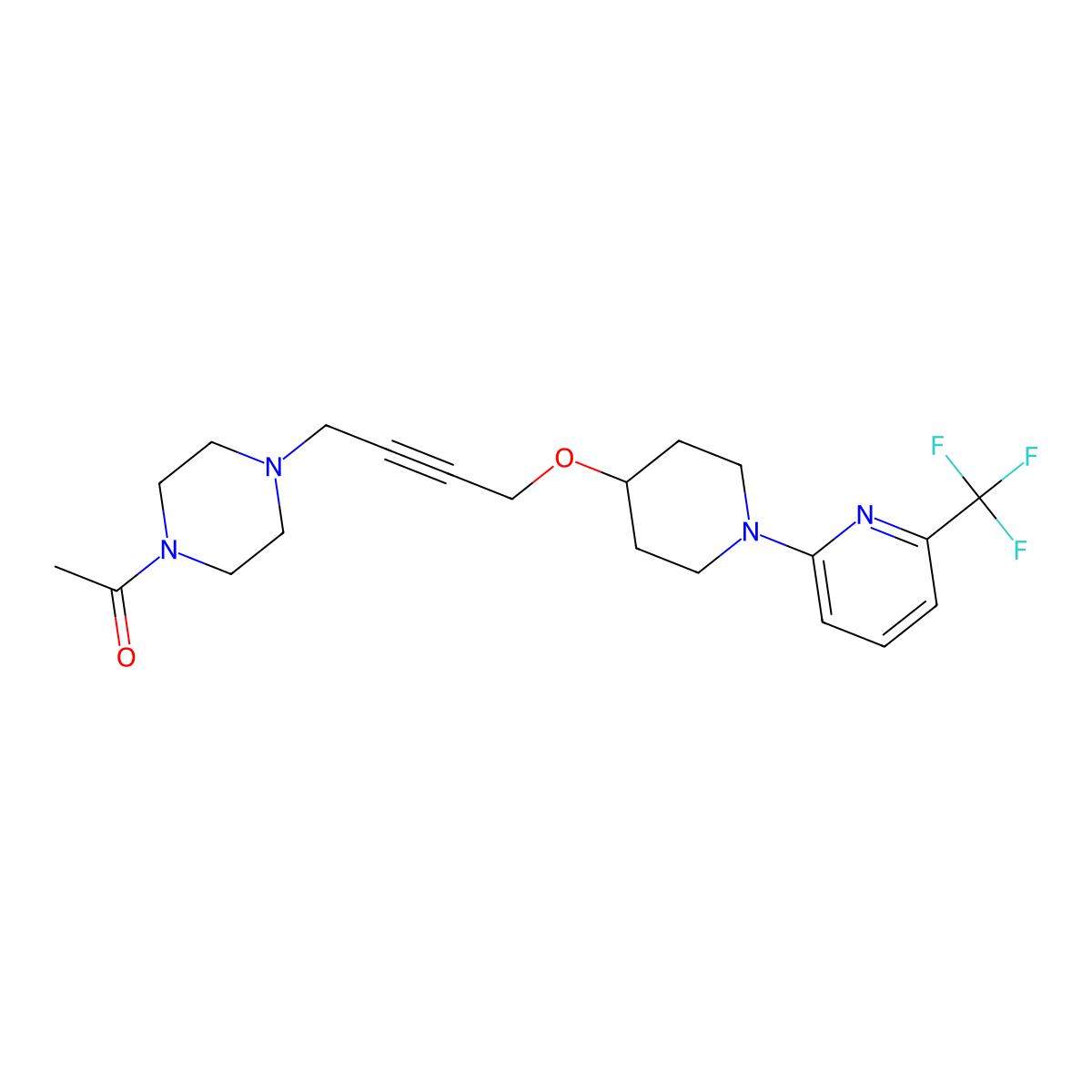 1-{4-[4-({1-[6-(Trifluoromethyl)pyridin-2-yl]piperidin-4-yl}oxy)but-2-yn-1-yl]piperazin-1-yl}ethan-1-one molecular structure, CAS 2640888-25-9