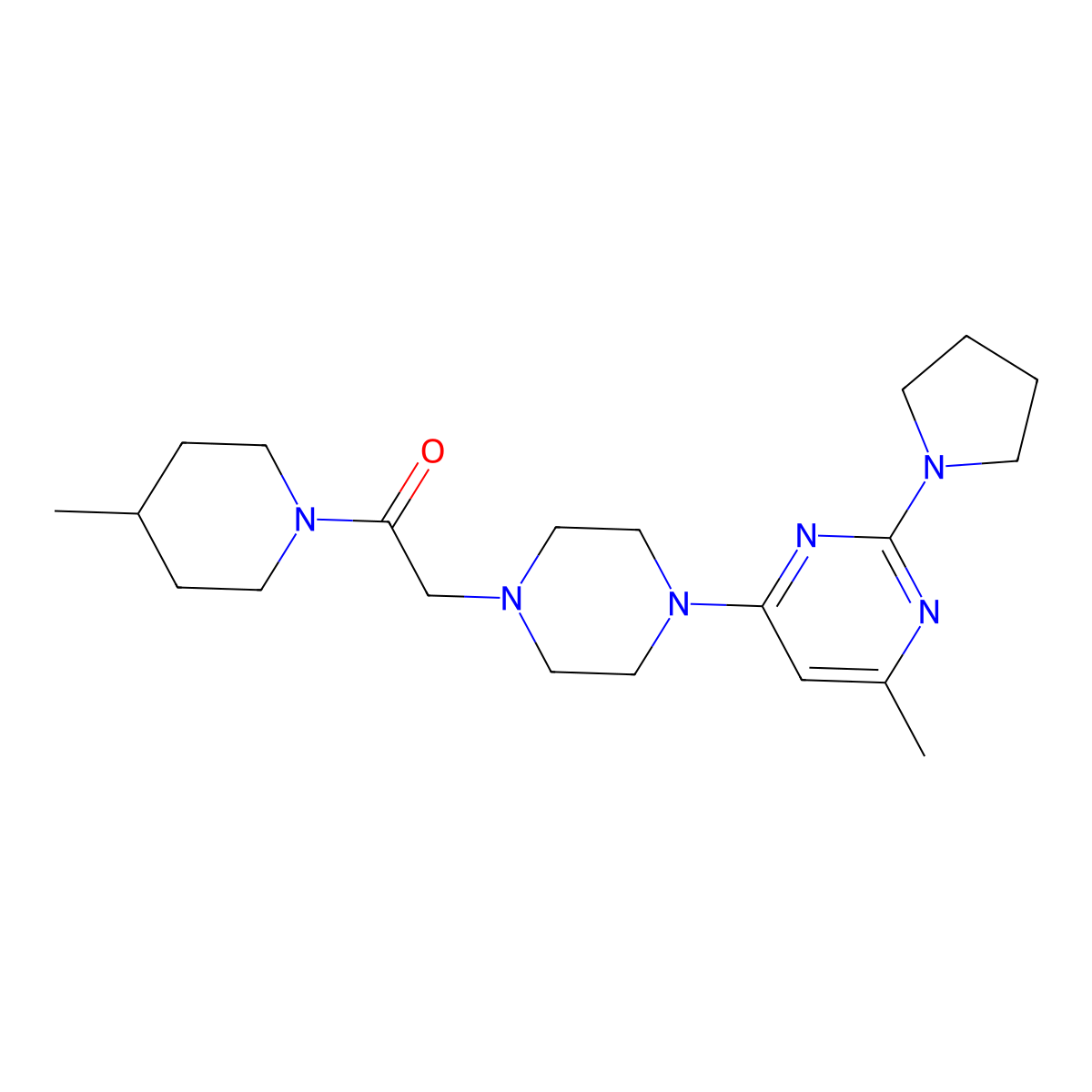 2-{4-[6-Methyl-2-(pyrrolidin-1-yl)pyrimidin-4-yl]piperazin-1-yl}-1-(4-methylpiperidin-1-yl)ethan-1-one molecular structure, CAS 2640888-28-2
