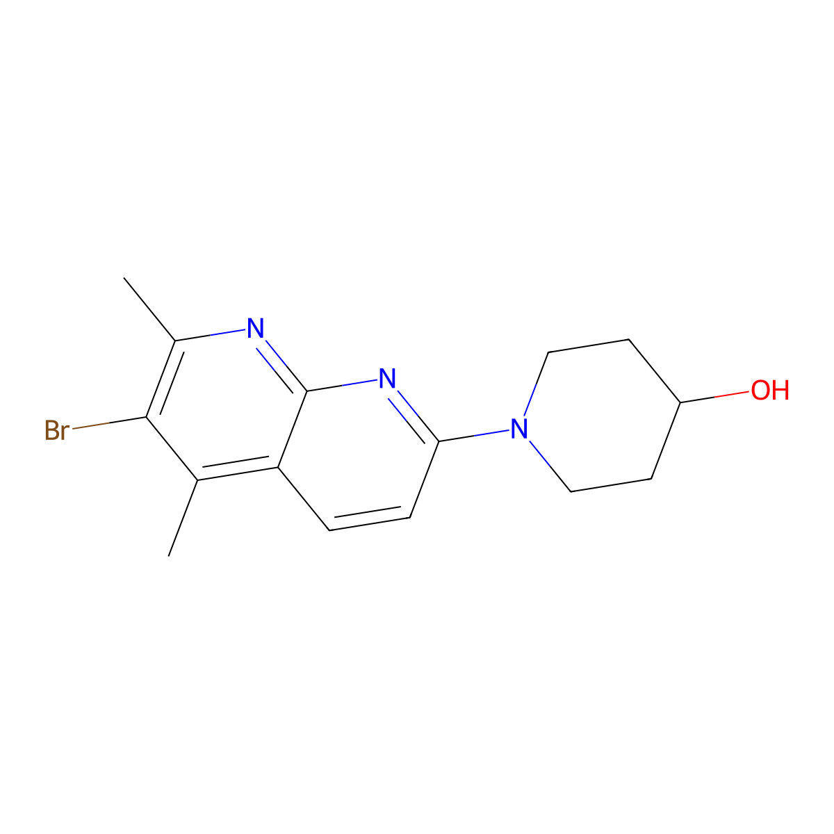 1-(6-Bromo-5,7-dimethyl-1,8-naphthyridin-2-yl)piperidin-4-ol molecular structure, CAS 2640888-30-6