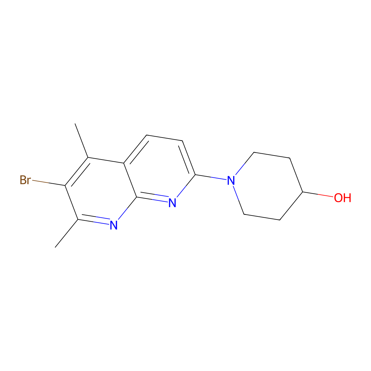 1-(6-Bromo-5,7-dimethyl-1,8-naphthyridin-2-yl)piperidin-4-ol molecular structure, CAS 2640888-30-6