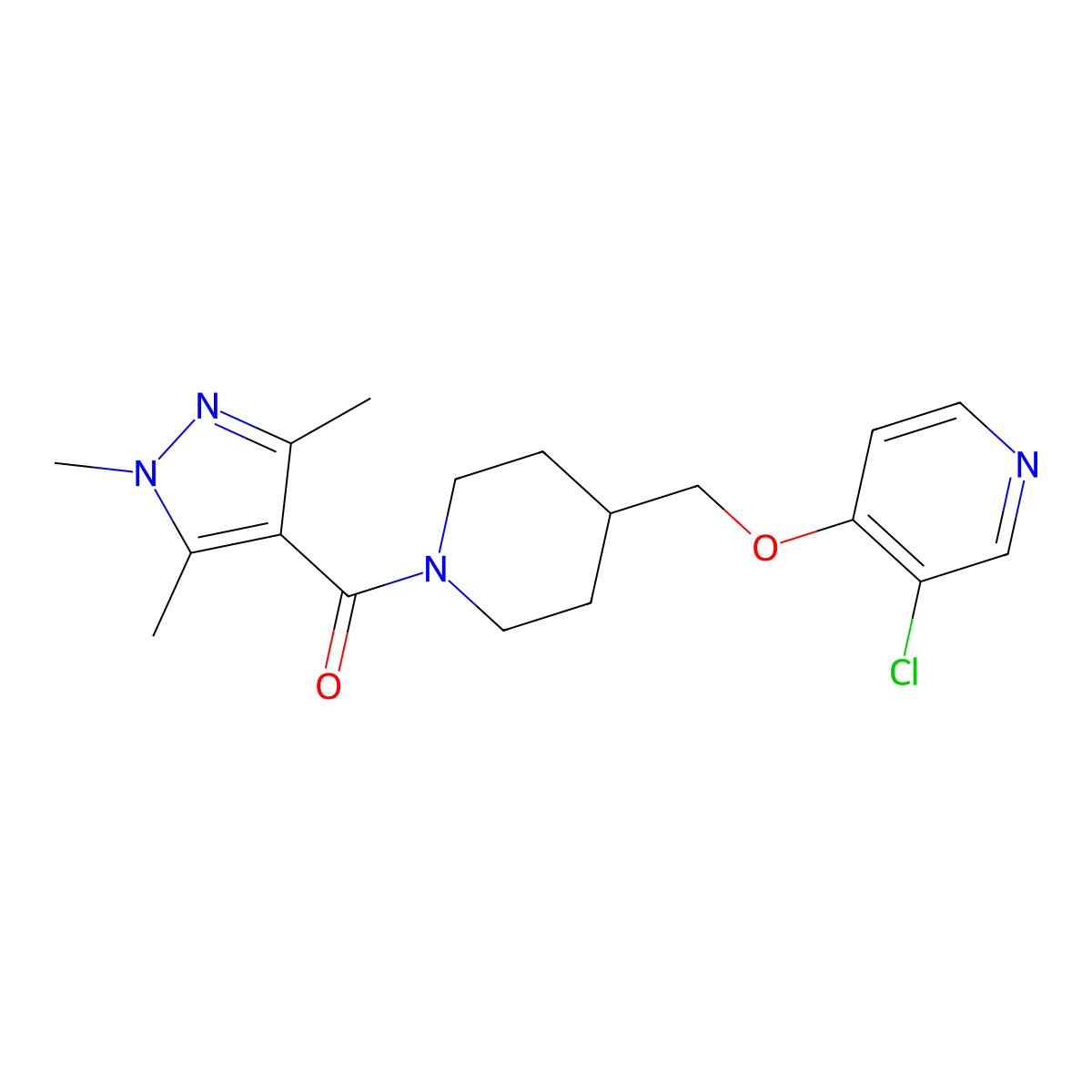 3-chloro-4-{[1-(1,3,5-trimethyl-1H-pyrazole-4-carbonyl)piperidin-4-yl]methoxy}pyridine molecular structure, CAS 2640888-34-0