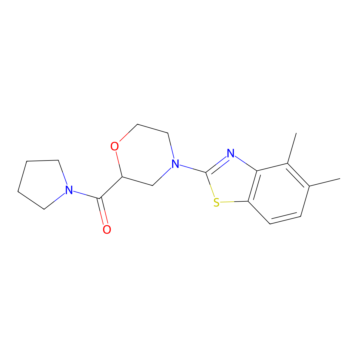 4,5-Dimethyl-2-[2-(pyrrolidine-1-carbonyl)morpholin-4-yl]-1,3-benzothiazole molecular structure, CAS 2640888-40-8