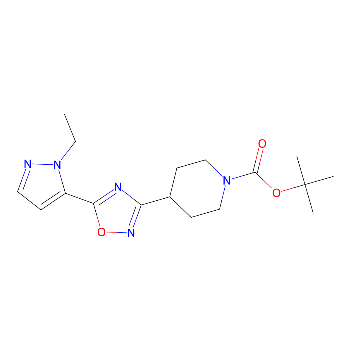tert-butyl 4-[5-(1-ethyl-1H-pyrazol-5-yl)-1,2,4-oxadiazol-3-yl]piperidine-1-carboxylate molecular structure, CAS 2640888-42-0