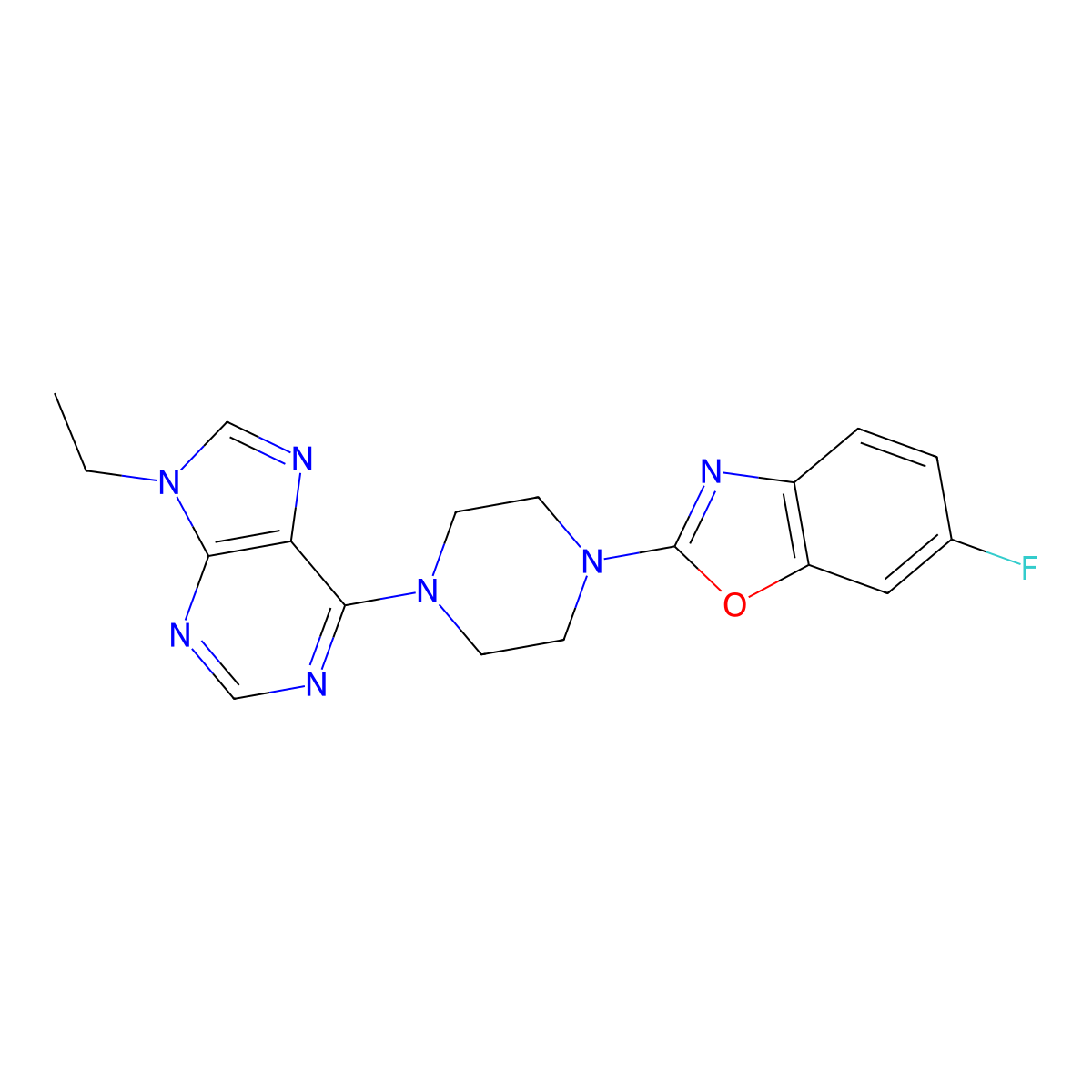 9-ethyl-6-[4-(6-fluoro-1,3-benzoxazol-2-yl)piperazin-1-yl]-9H-purine molecular structure, CAS 2640888-45-3