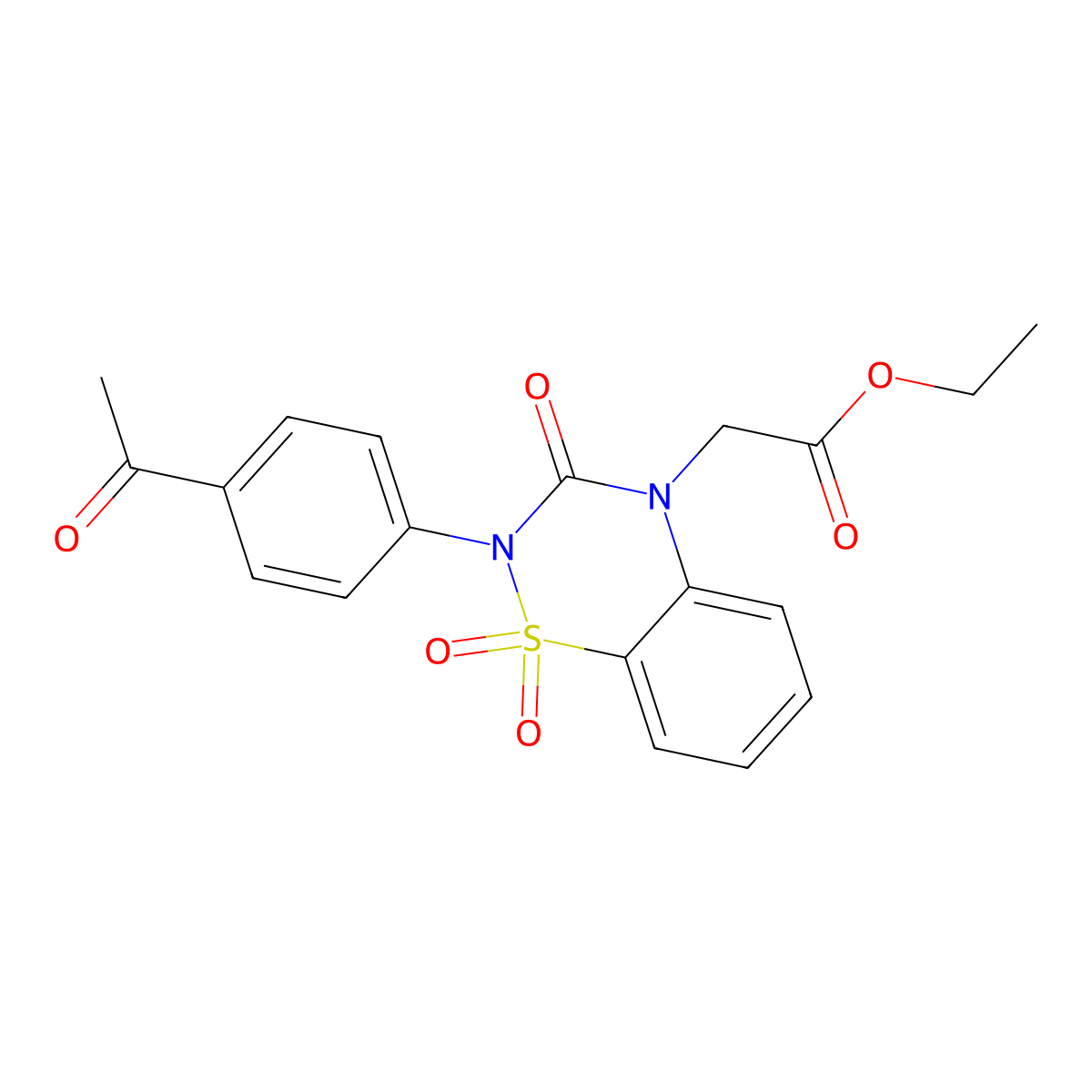 Ethyl 2-[2-(4-acetylphenyl)-1,1,3-trioxo-1lambda6,2,4-benzothiadiazin-4-yl]acetate molecular structure, CAS 2640888-48-6